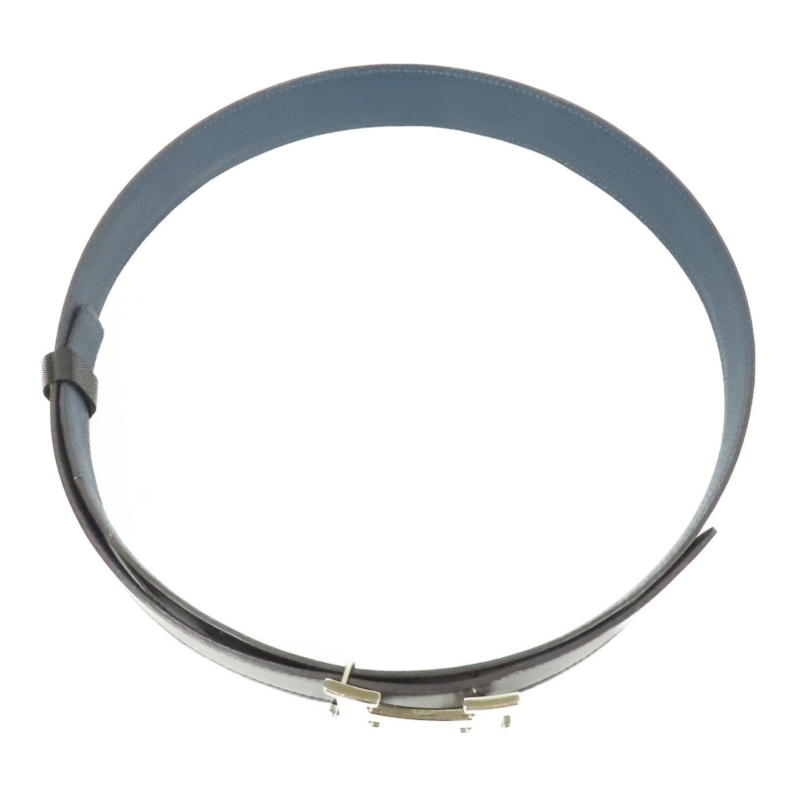 HERMES Togo/Box皮革Constance Belt銀扣皮帶Blue Nuit/Black