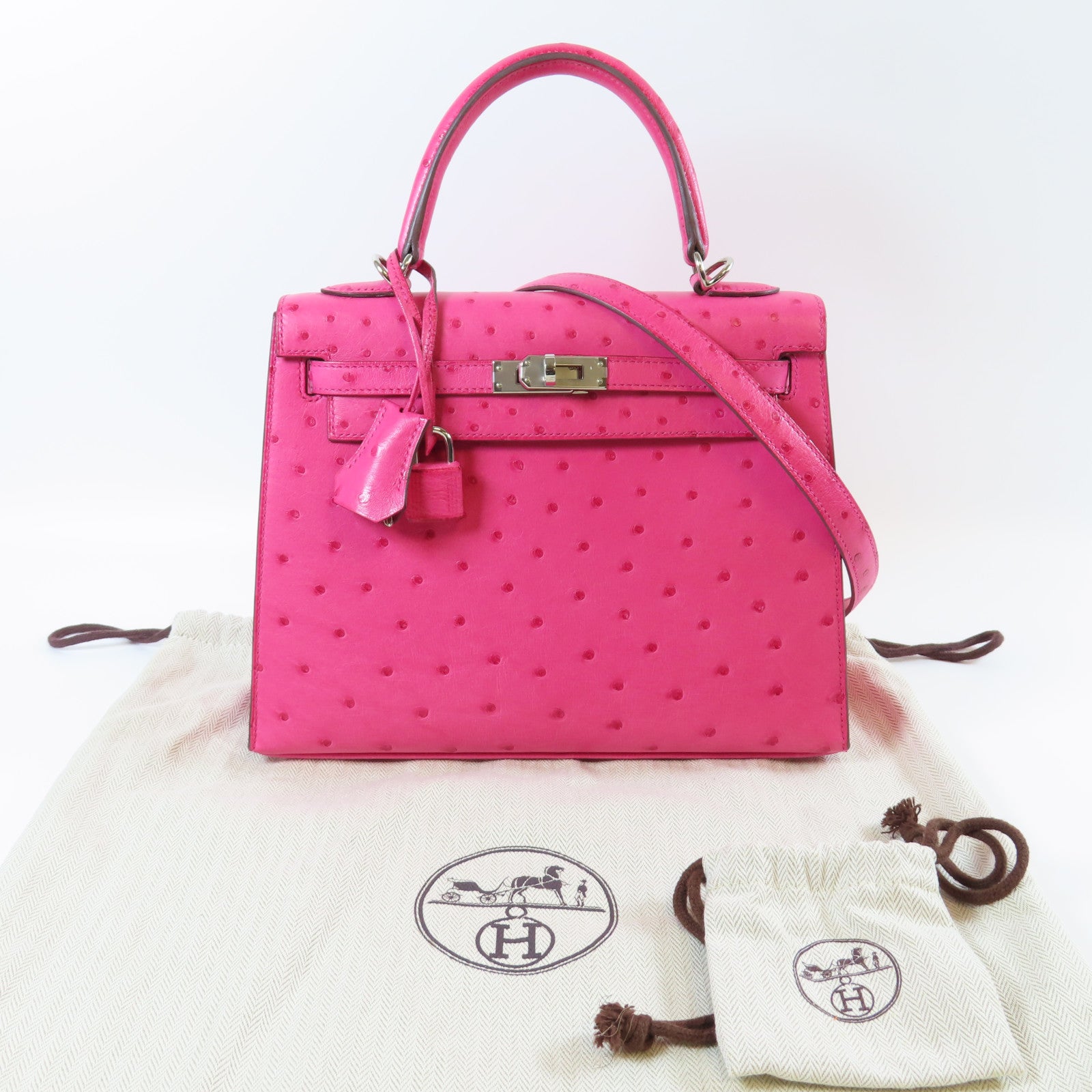 HERMES 【激減優惠】鴕鳥皮革Kelly 25銀扣手挽肩背兩用袋Rose Tyrien糖果粉色