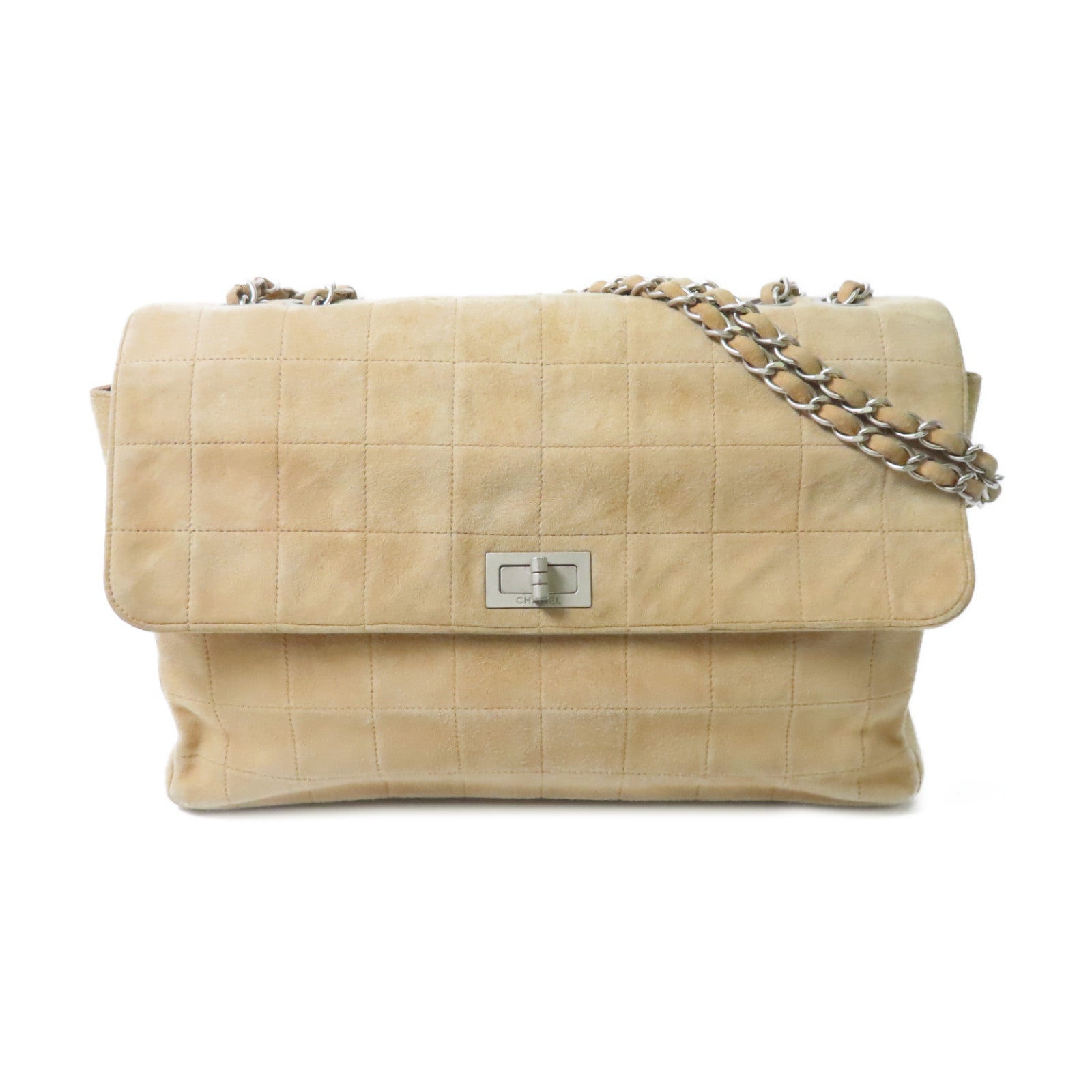 CHANEL 麂皮皮革2.55 Chain Shoulder Bag銀扣鏈帶肩背袋米色