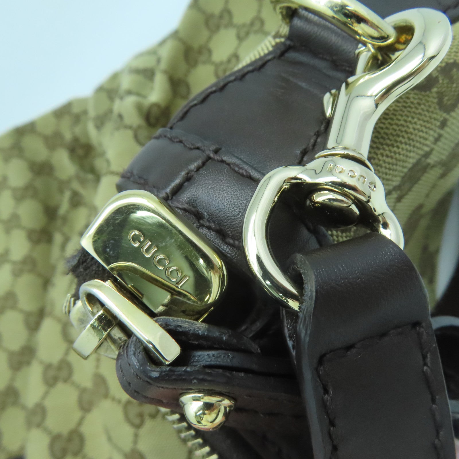 GUCCI 【激減優惠】帆布/牛皮皮革Shoulder Bag金扣手挽肩背兩用袋啡色