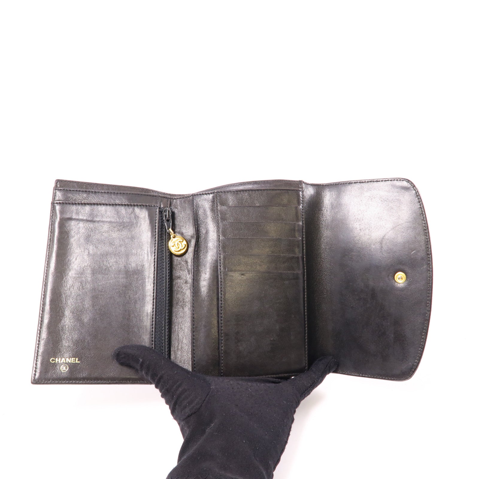 CHANEL 牛皮皮革Wallet金扣長錢包黑色