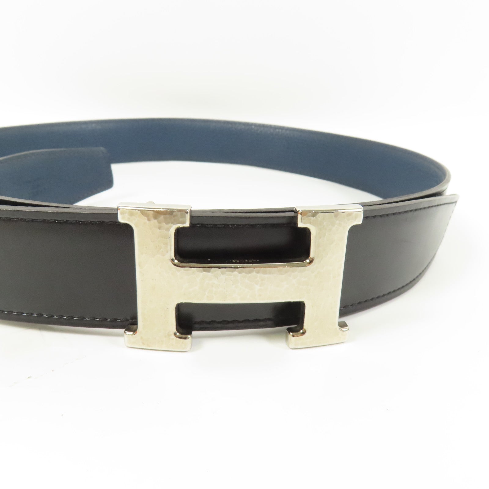 HERMES Togo/Box皮革Constance Belt銀扣皮帶Blue Nuit/Black