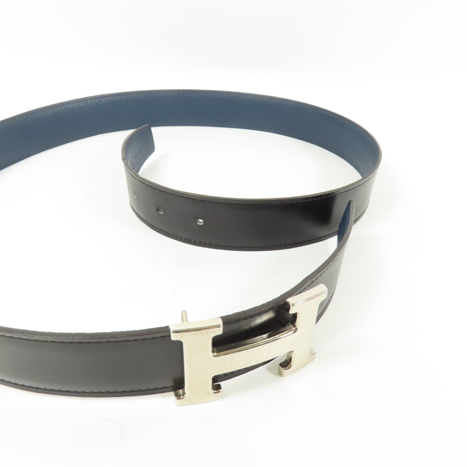 HERMES Togo/Box皮革Constance Belt銀扣皮帶Blue Nuit/Black