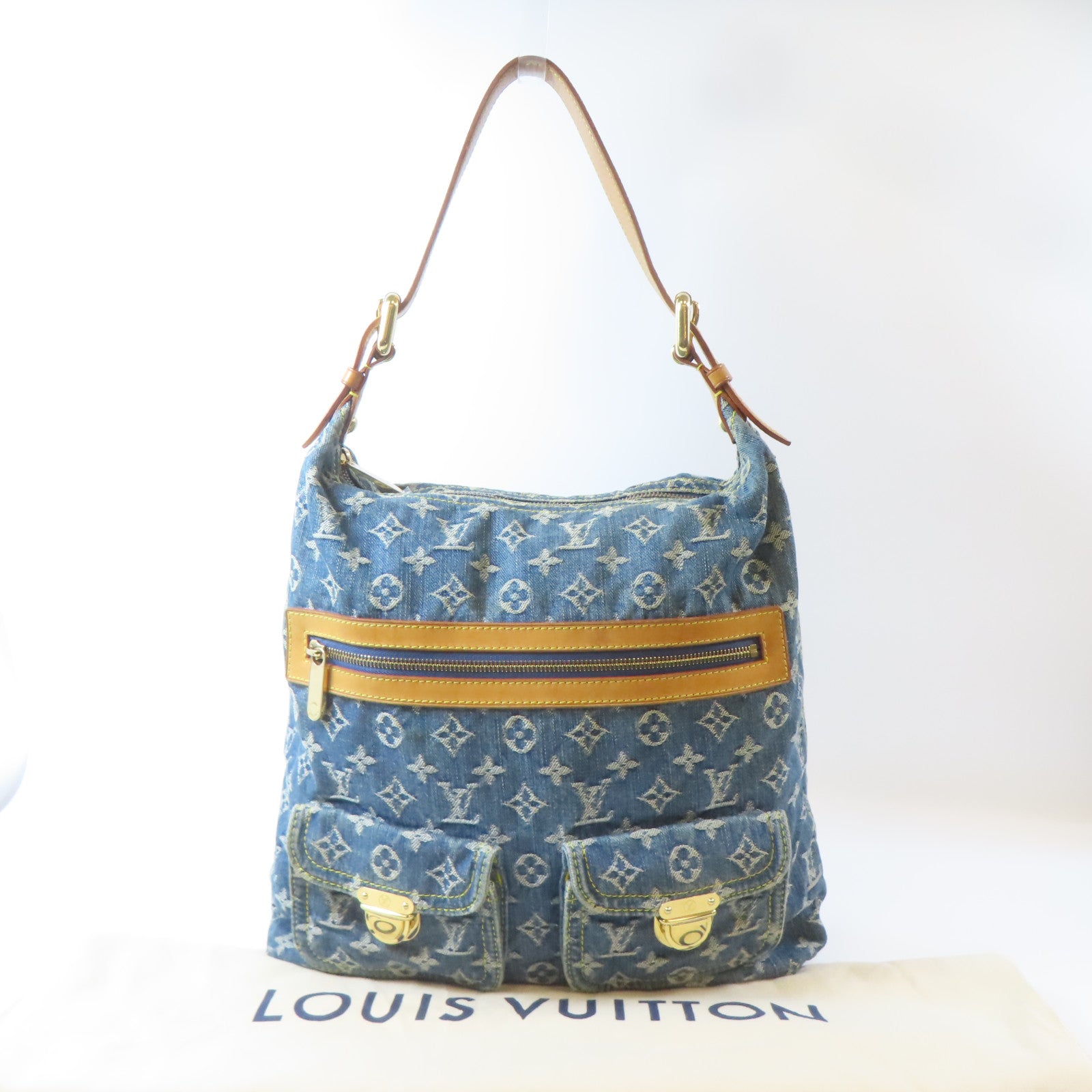 LOUIS VUITTON Monogram Denim Buggy GM金扣肩背袋藍色/啡色