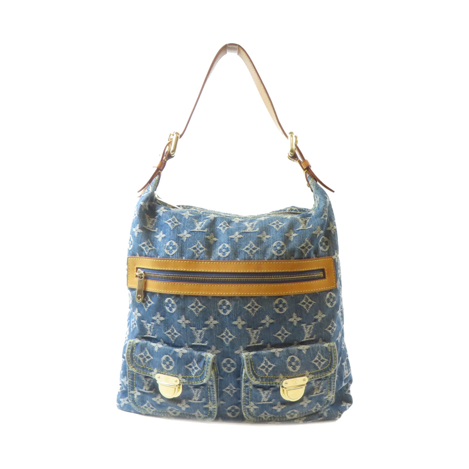 LOUIS VUITTON Monogram Denim Buggy GM金扣肩背袋藍色/啡色