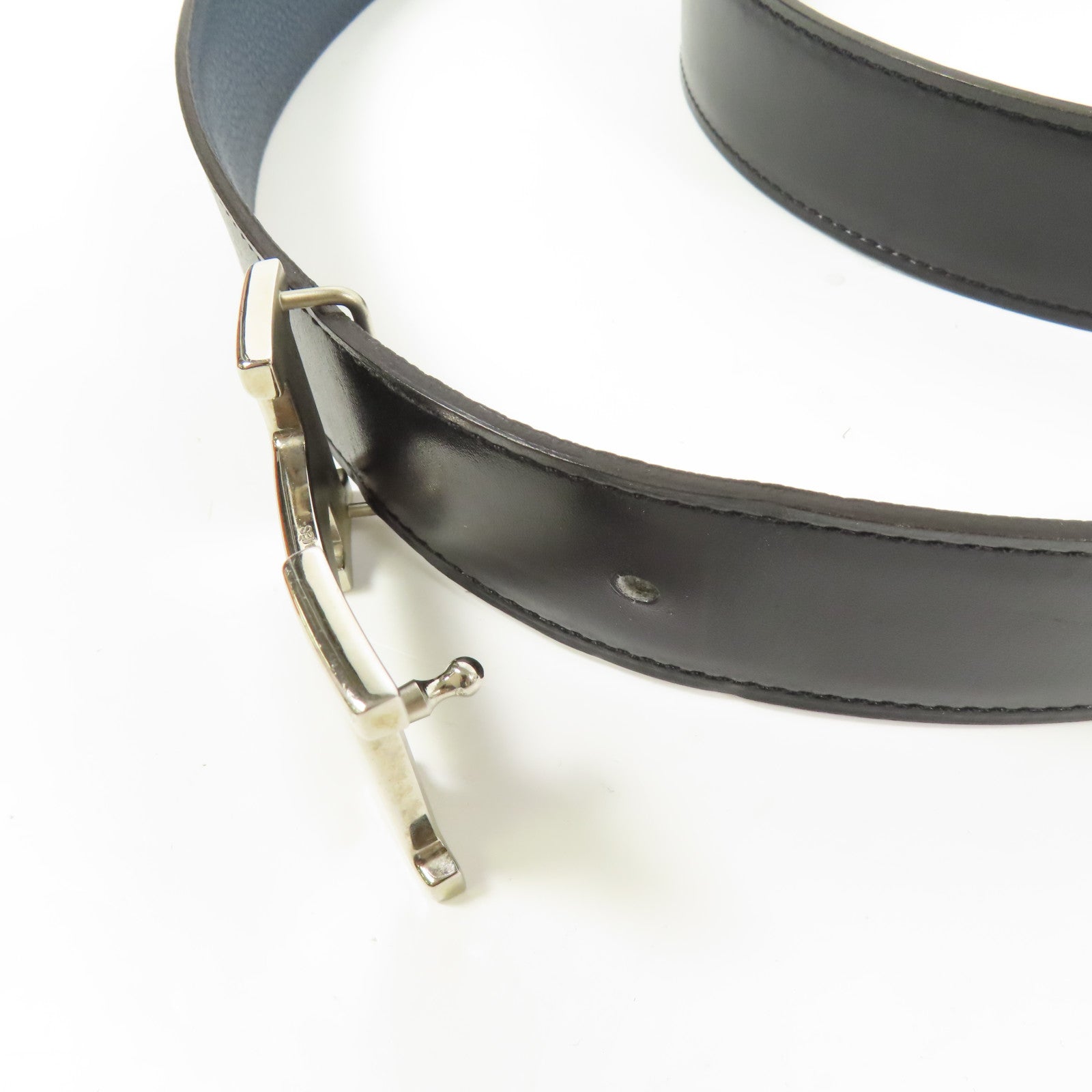 HERMES Togo/Box皮革Constance Belt銀扣皮帶Blue Nuit/Black