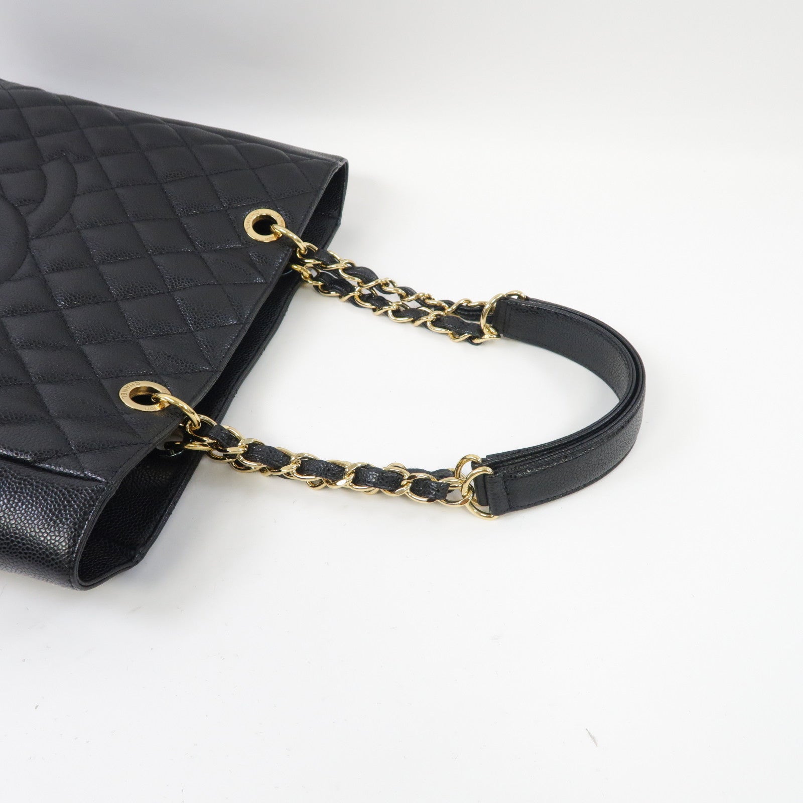 CHANEL 菱格Caviar皮革PST Petite Shopping Tote Bag 金扣肩背袋黑色