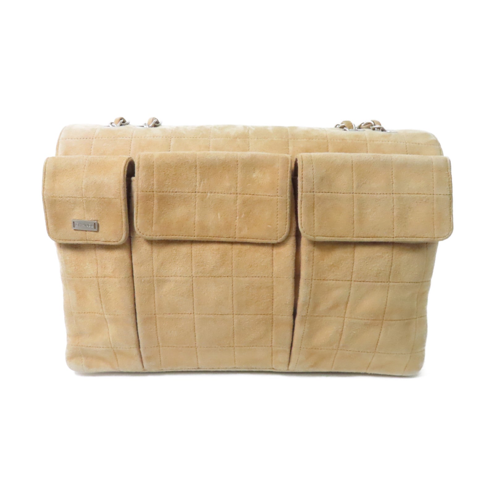 CHANEL 麂皮皮革2.55 Chain Shoulder Bag銀扣鏈帶肩背袋米色