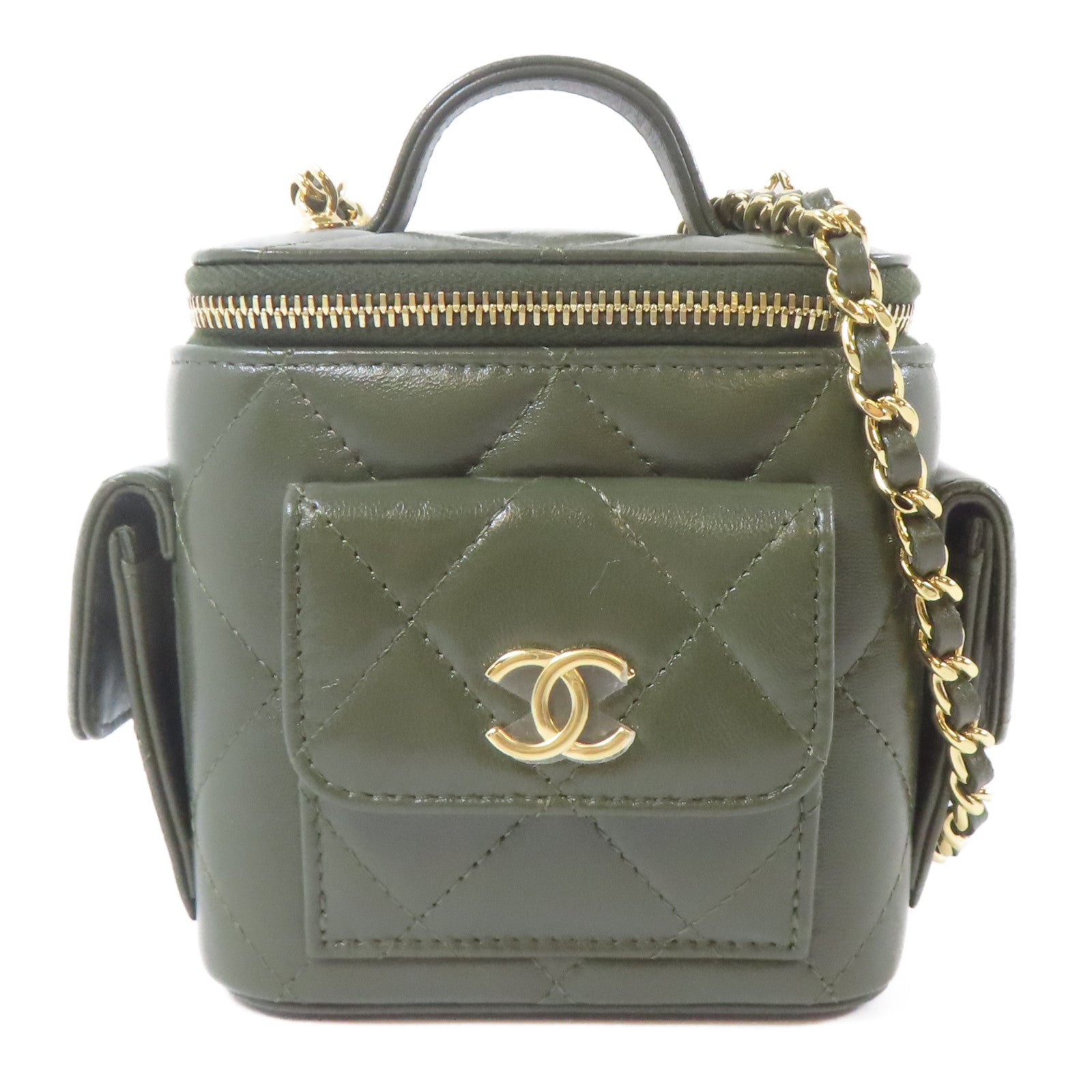 CHANEL 菱格羊皮皮革Polly Pocket Top Vanity金扣鏈帶手挽肩背兩用袋綠色
