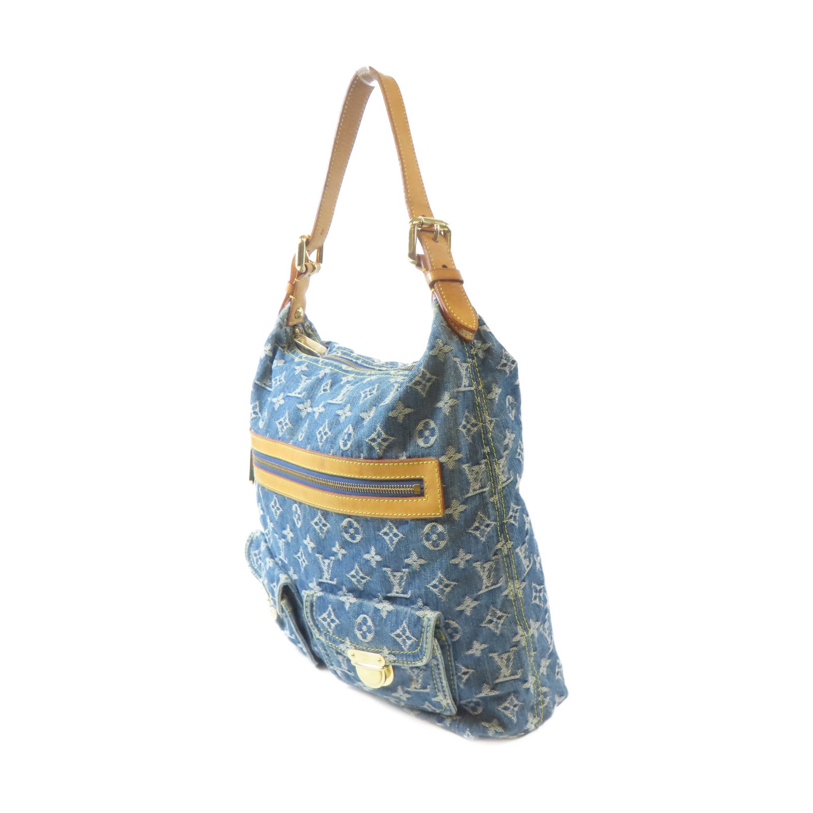LOUIS VUITTON Monogram Denim Buggy GM金扣肩背袋藍色/啡色