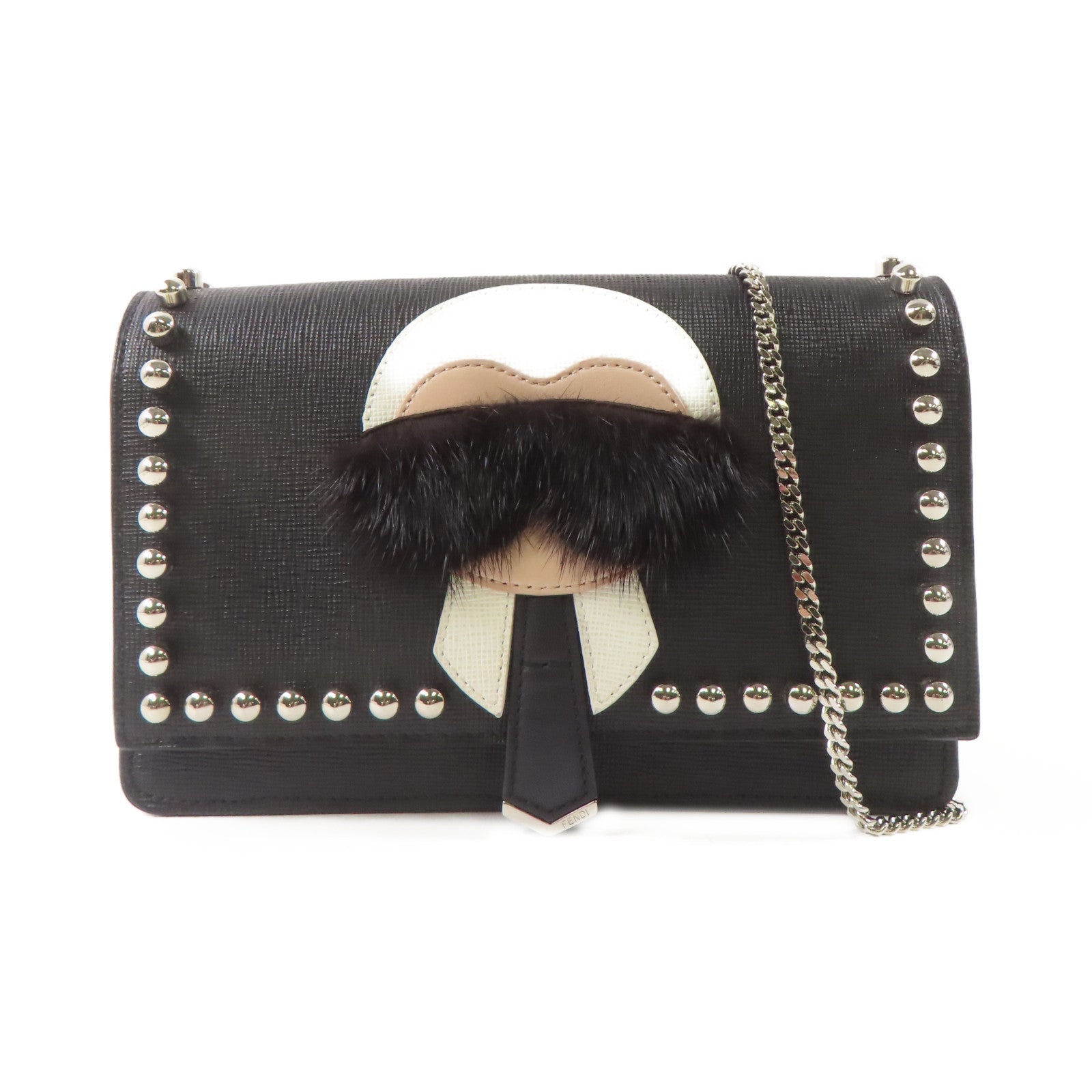 FENDI 牛皮皮革/Fur Karlito Wallet On Chain銀扣鏈帶肩背袋黑色