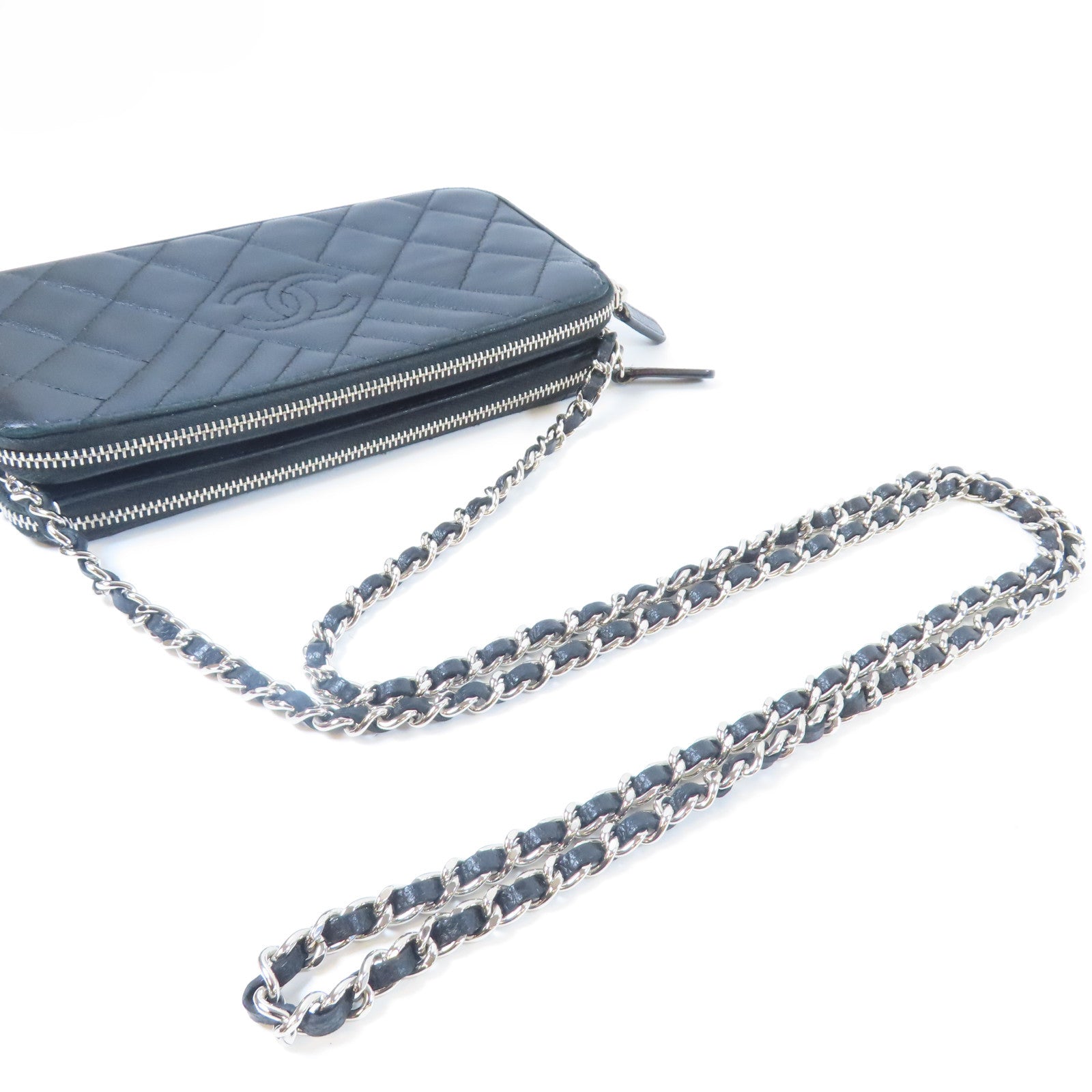 CHANEL 【激減優惠】菱格/斜紋牛皮皮革Chain Shoulder銀扣鏈帶肩背袋黑色