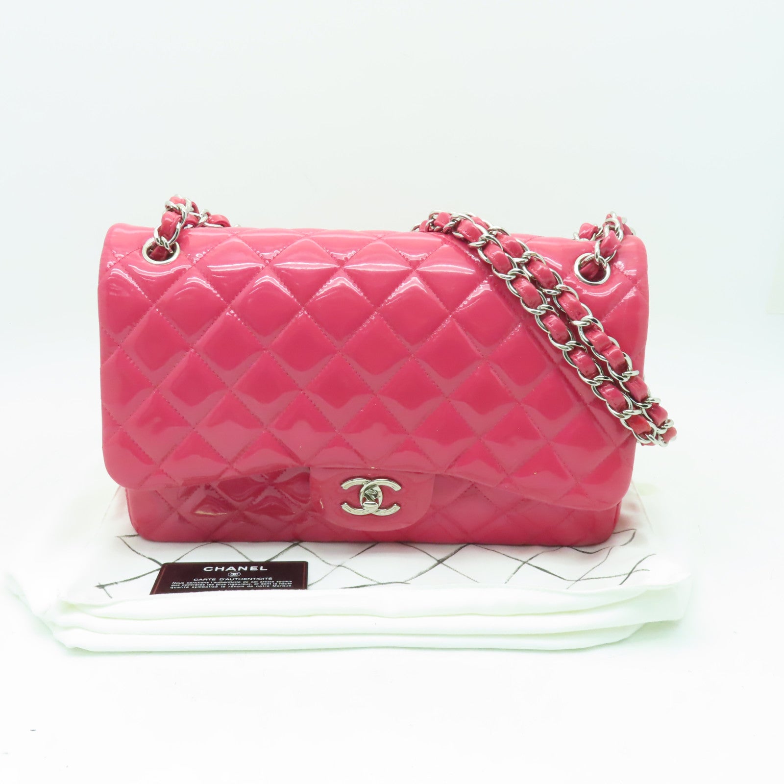 CHANEL **【激減優惠】菱格漆皮皮革Chain Shoulder Bag銀扣鏈帶肩背袋粉紅色