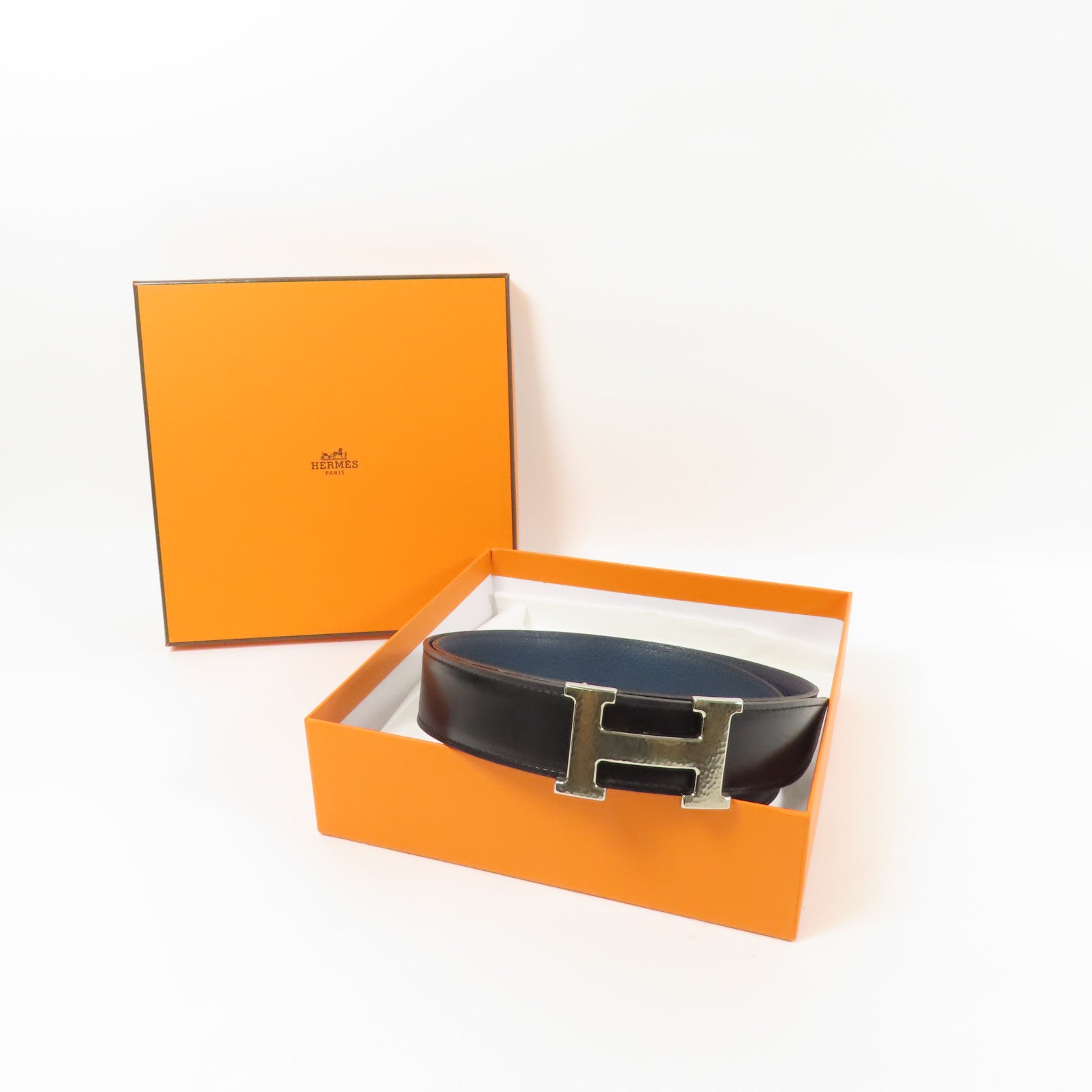 HERMES Togo/Box皮革Constance Belt銀扣皮帶Blue Nuit/Black