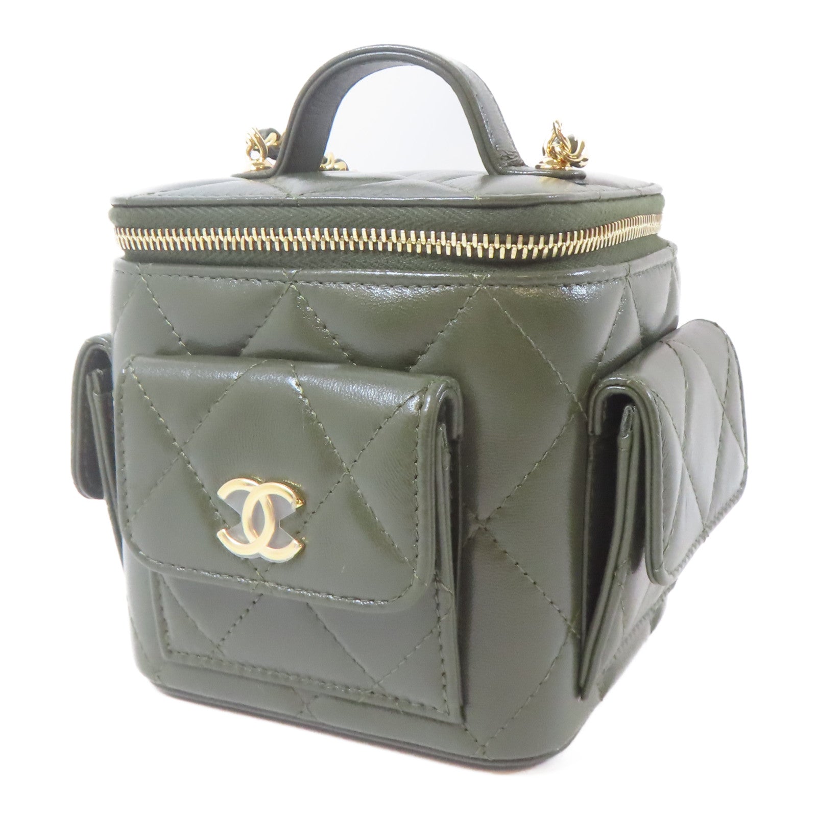 CHANEL 菱格羊皮皮革Polly Pocket Top Vanity金扣鏈帶手挽肩背兩用袋綠色