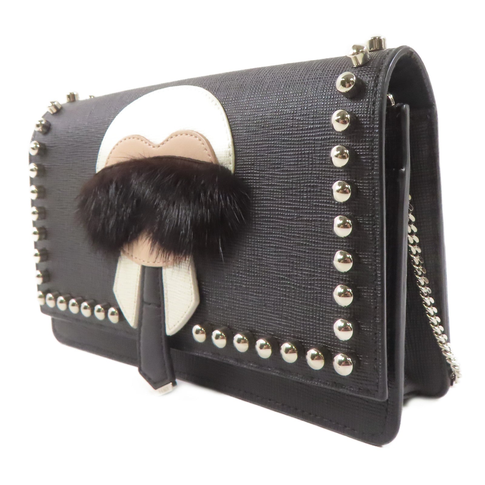FENDI 牛皮皮革/Fur Karlito Wallet On Chain銀扣鏈帶肩背袋黑色