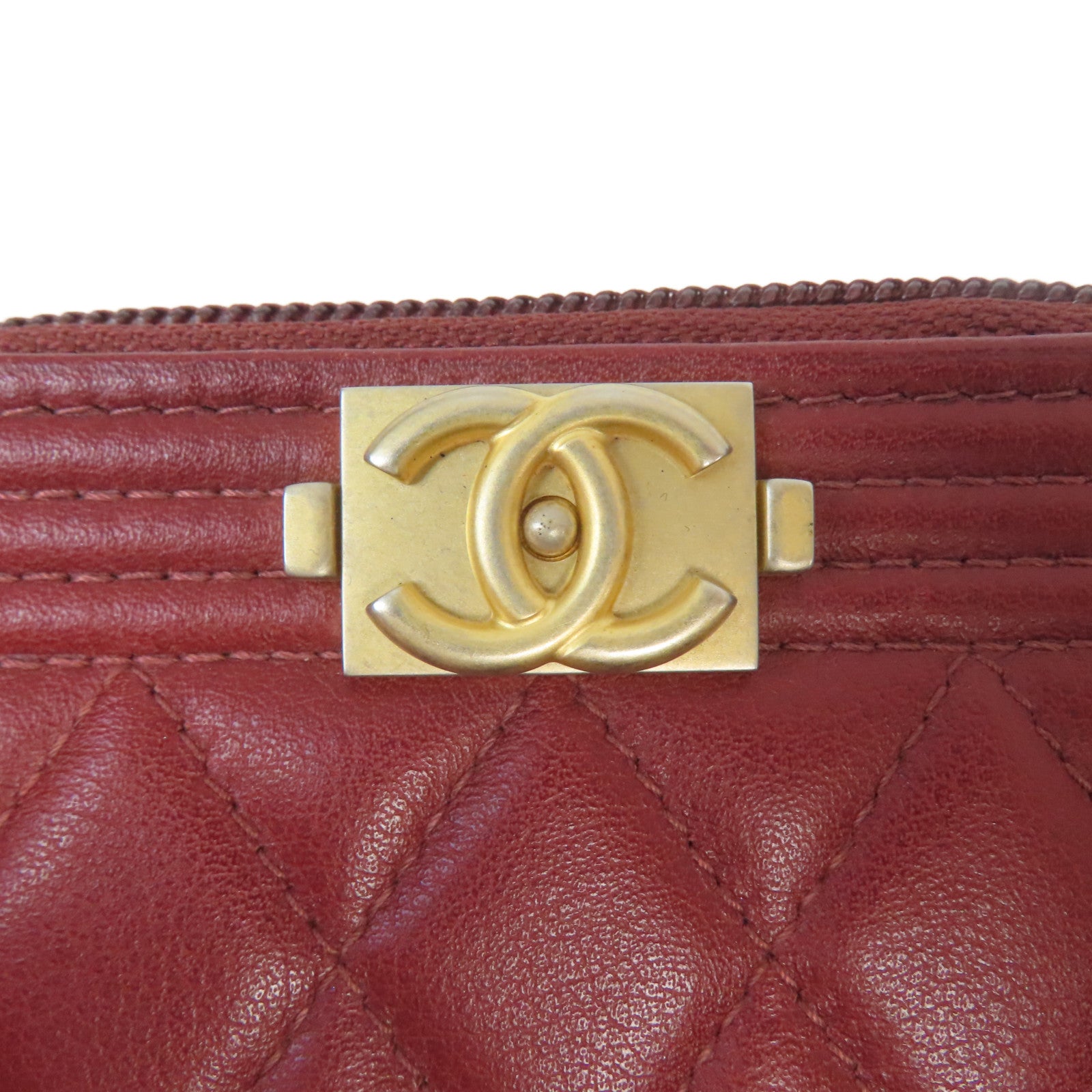 CHANEL 菱格羊皮皮革Boy Chanel Zipped Coin Case銀扣零錢包紅色