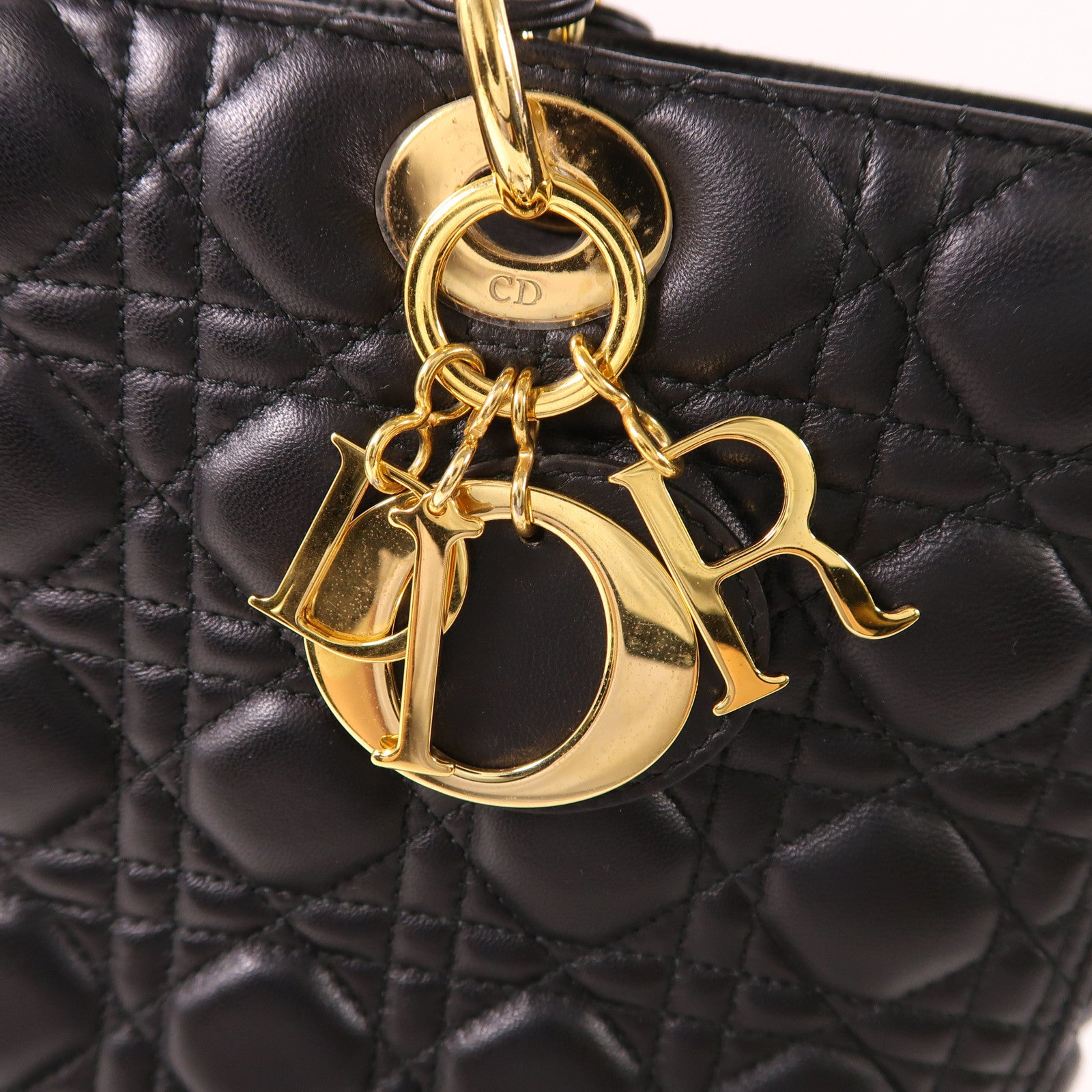 Dior CD GHW Lady Dior GM 2 Way Shoulder Bag Calfskin Leather Black