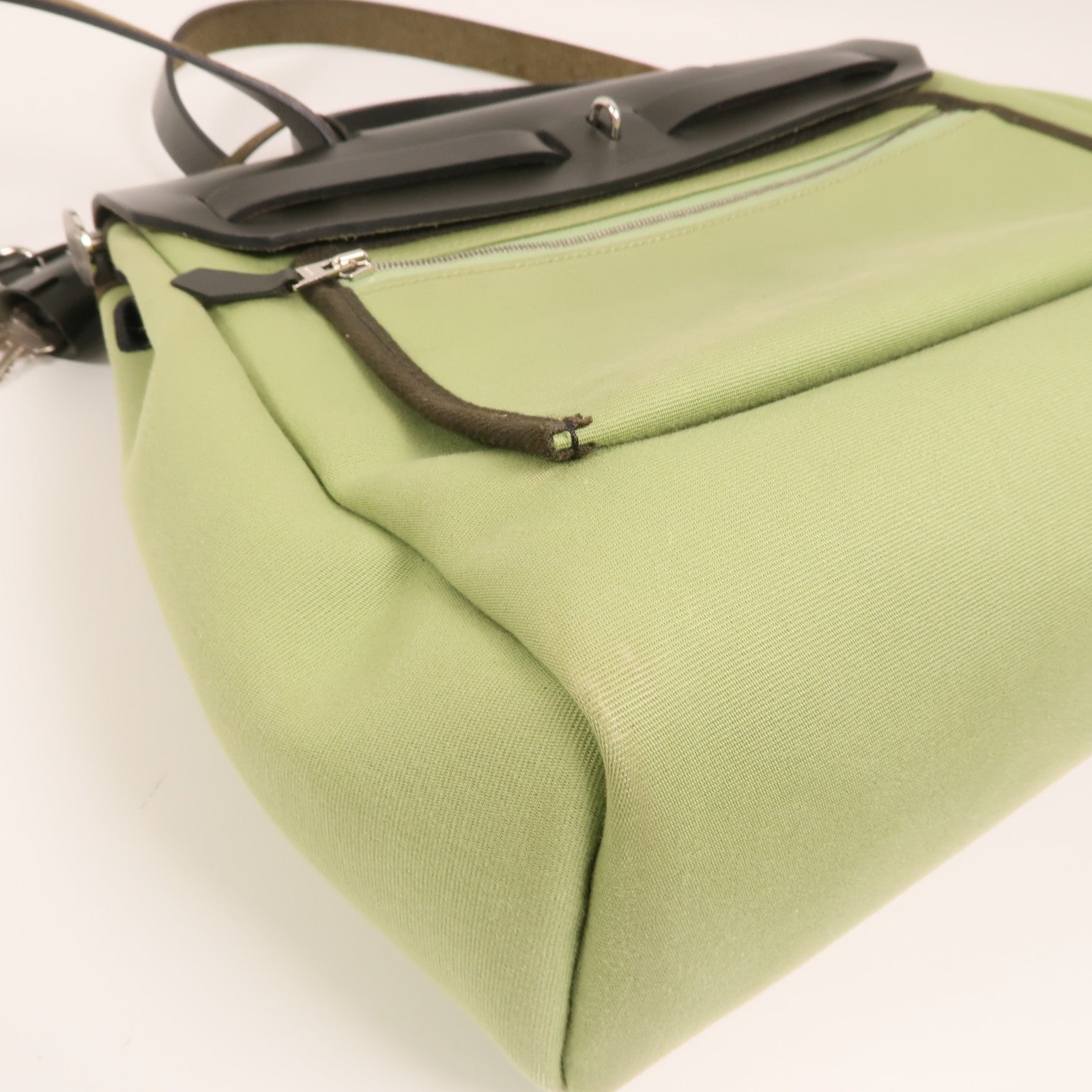 HERMES 【激減優惠】帆布Herbag PM銀扣手挽肩背兩用袋Vert Criquet