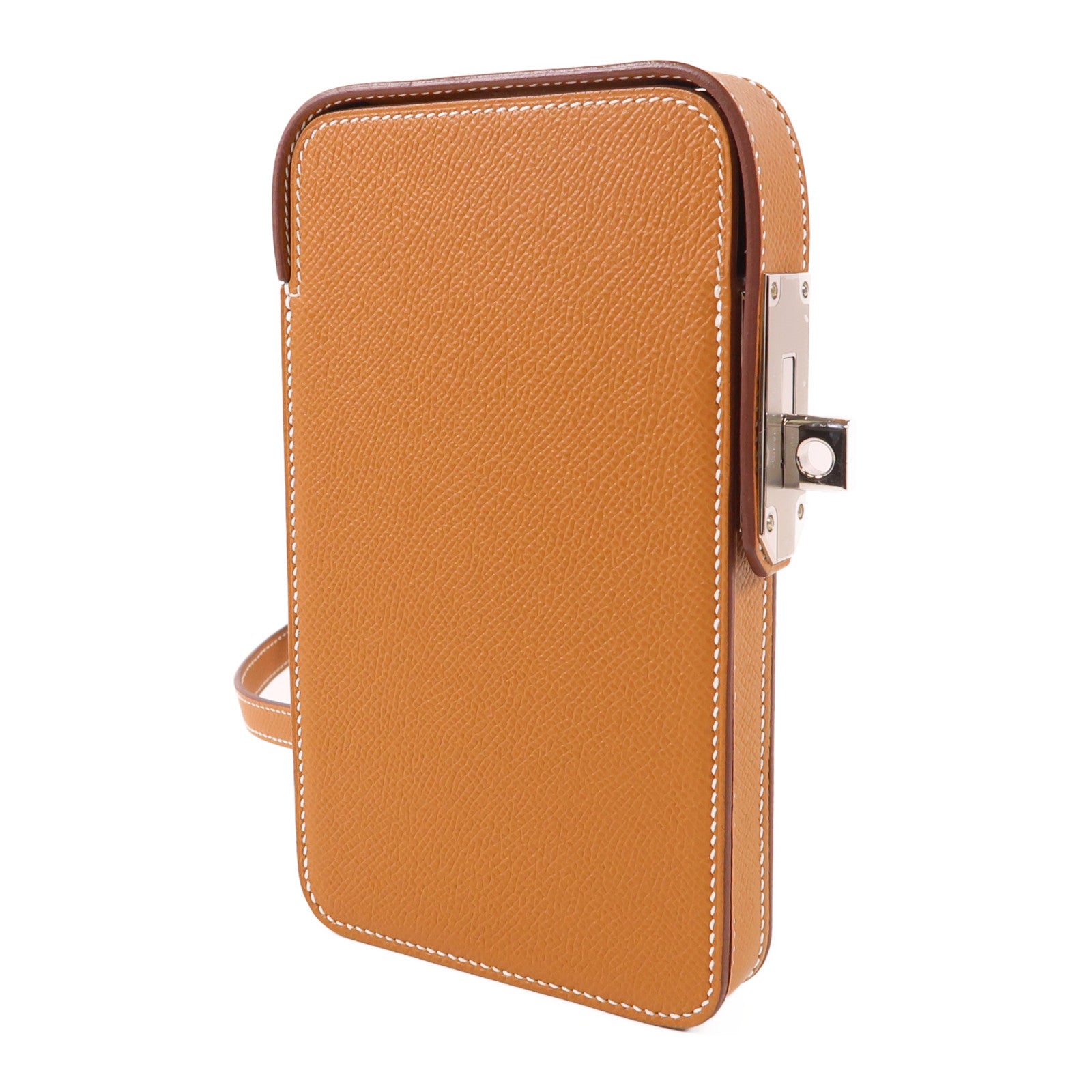 HERMES PHW Hac A Box Phone Case Shoulder Bag Epsom Leather Gold Brown