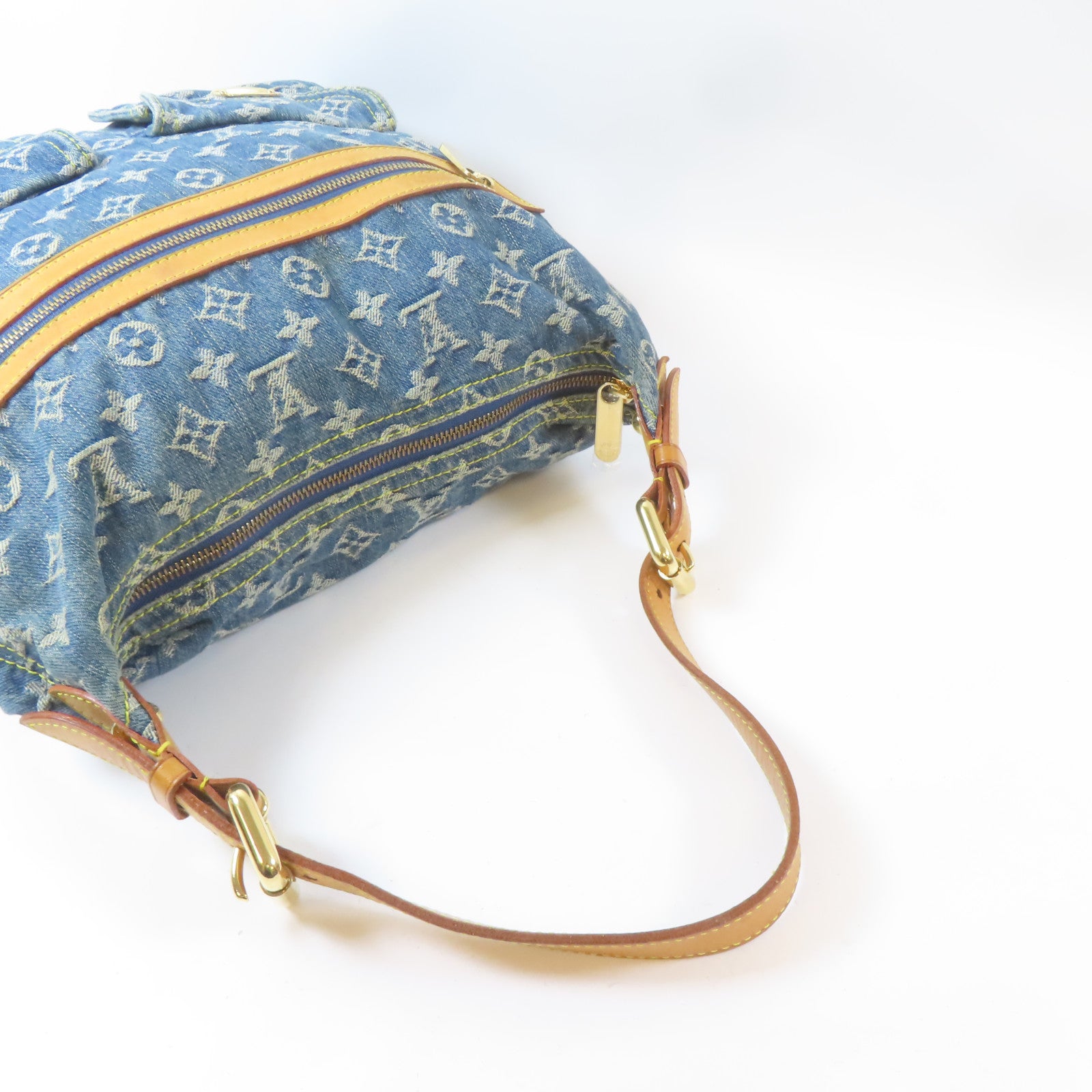 LOUIS VUITTON Monogram Denim Buggy GM金扣肩背袋藍色/啡色