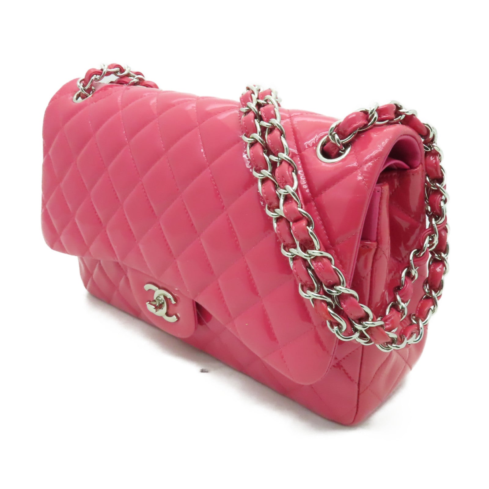 CHANEL **【激減優惠】菱格漆皮皮革Chain Shoulder Bag銀扣鏈帶肩背袋粉紅色