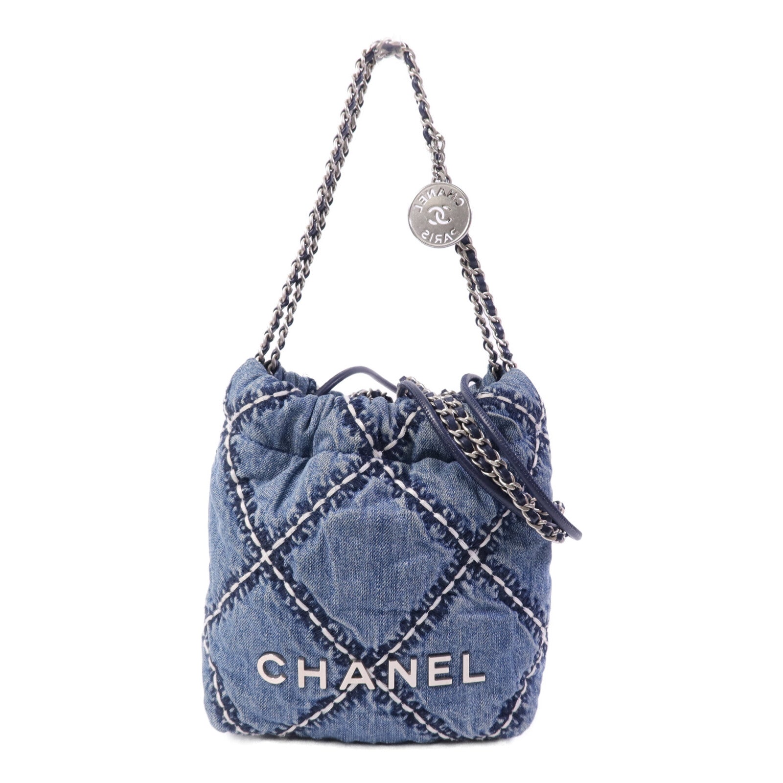 CHANEL 牛仔布Mini 22銀扣鏈帶手挽肩背兩用袋