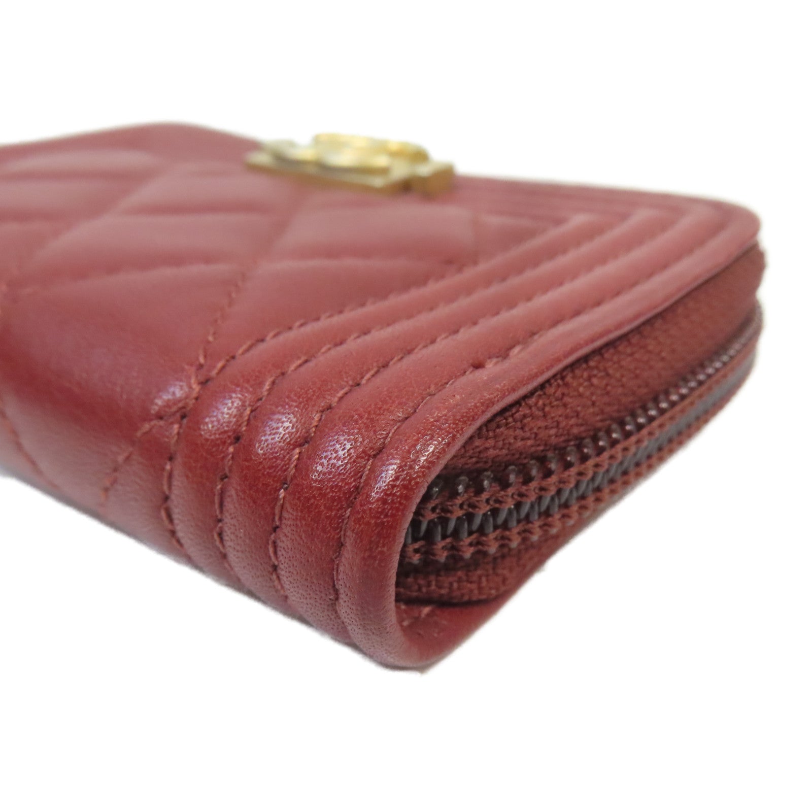 CHANEL 菱格羊皮皮革Boy Chanel Zipped Coin Case銀扣零錢包紅色