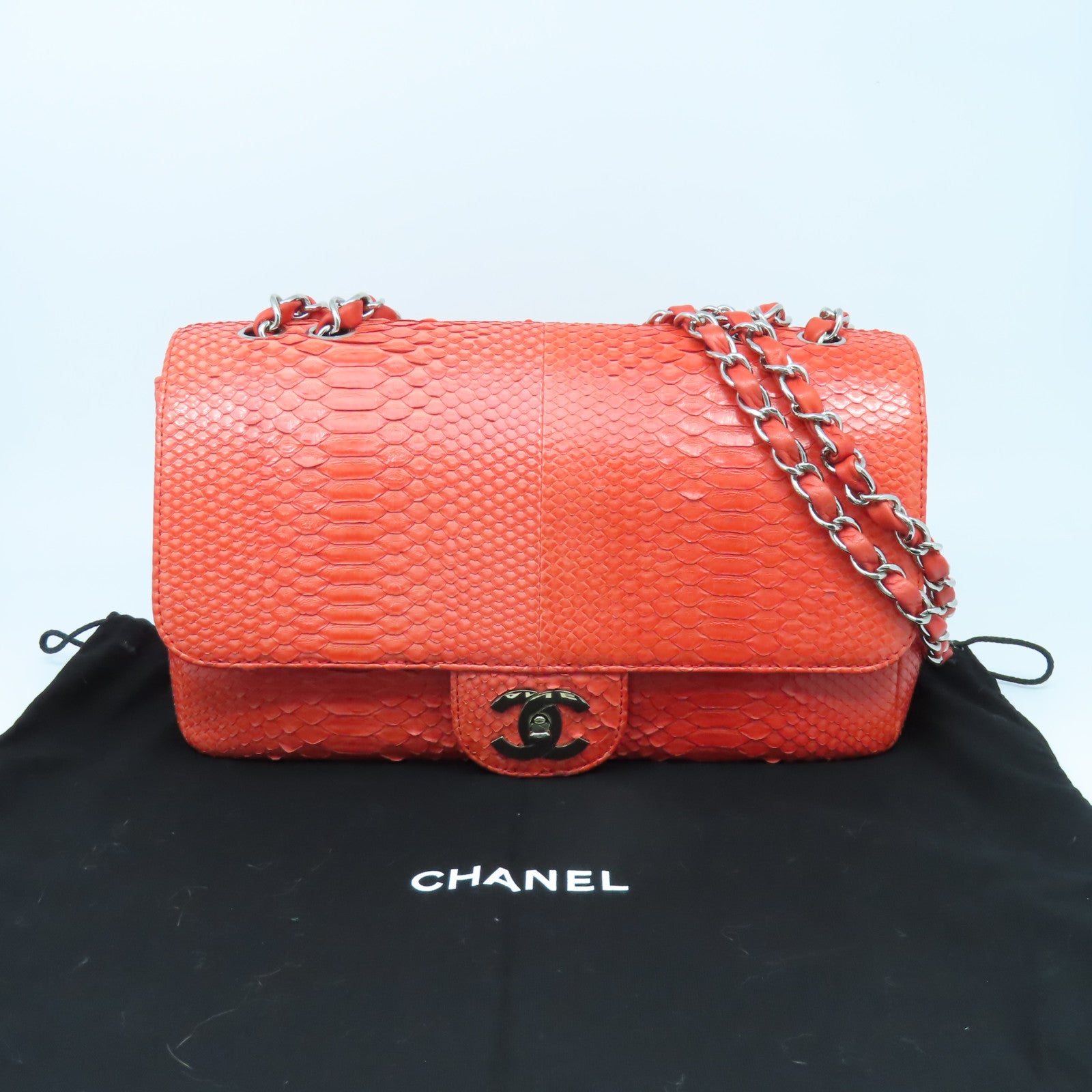 CHANEL 【清倉大減價】蛇皮皮革Chain Shoulder Bag銀扣肩背袋紅色