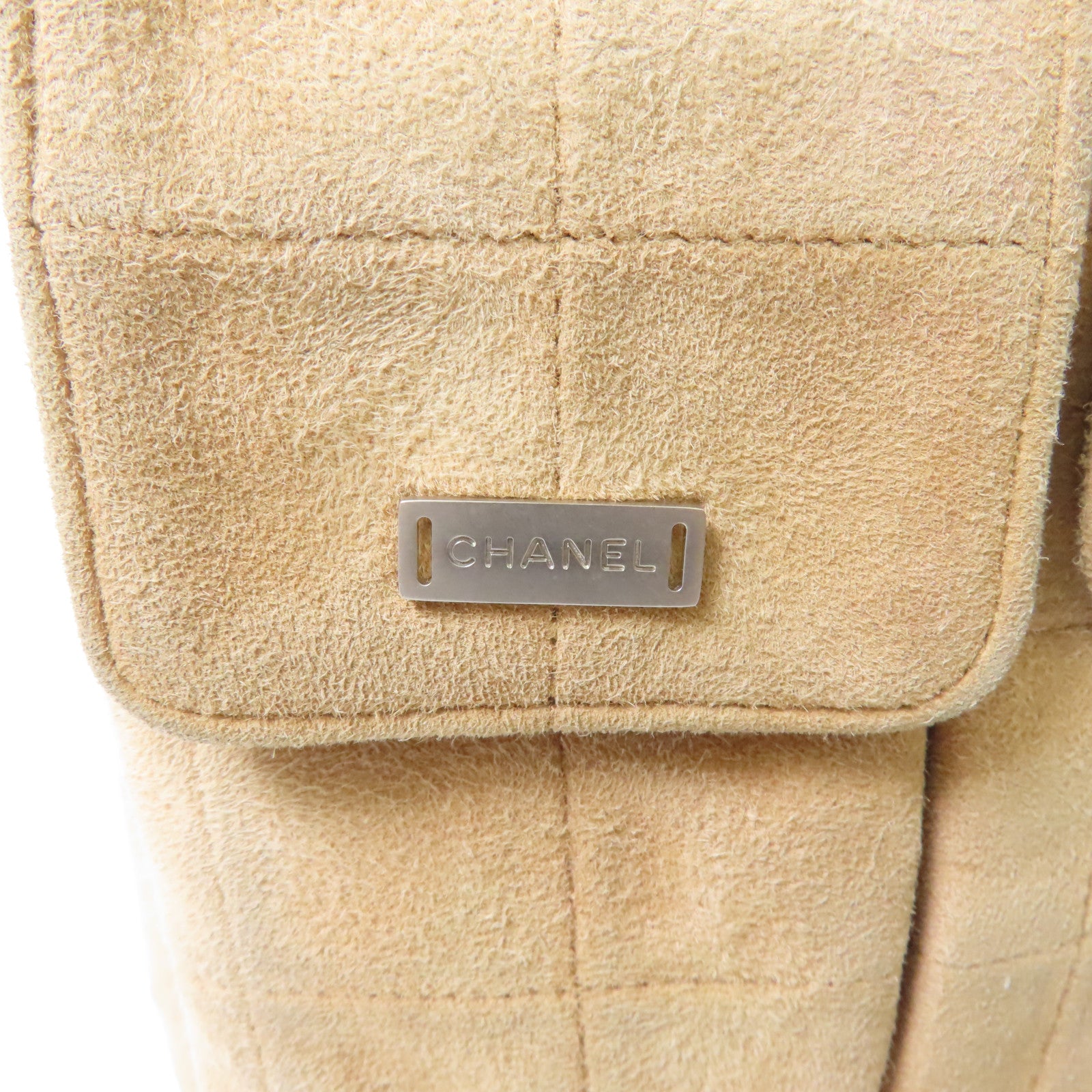 CHANEL 麂皮皮革2.55 Chain Shoulder Bag銀扣鏈帶肩背袋米色