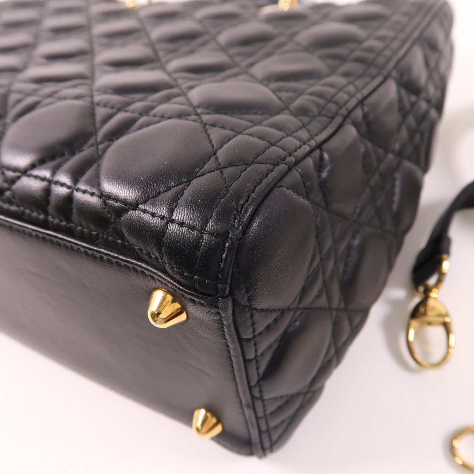 Dior CD GHW Lady Dior GM 2 Way Shoulder Bag Calfskin Leather Black