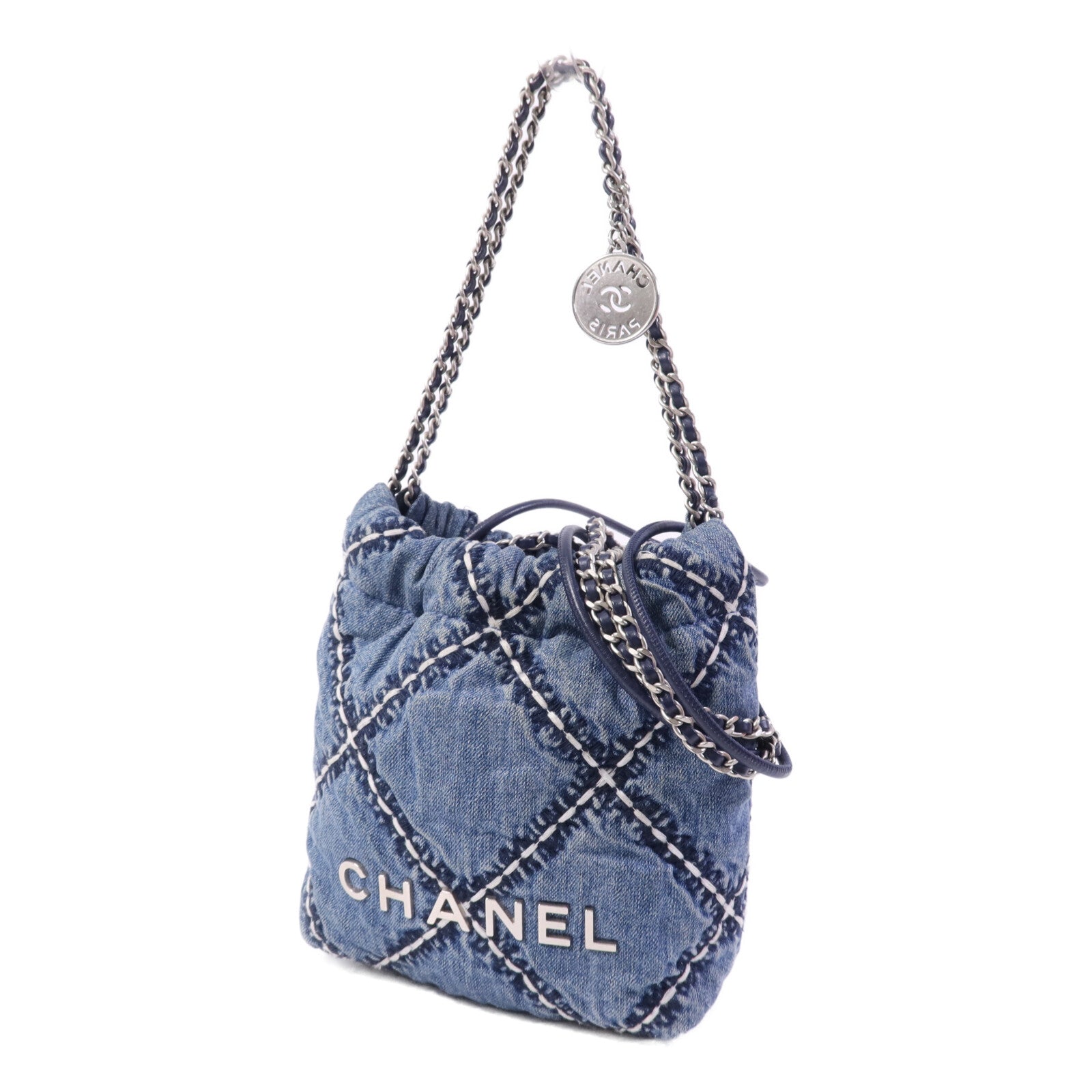 CHANEL 牛仔布Mini 22銀扣鏈帶手挽肩背兩用袋