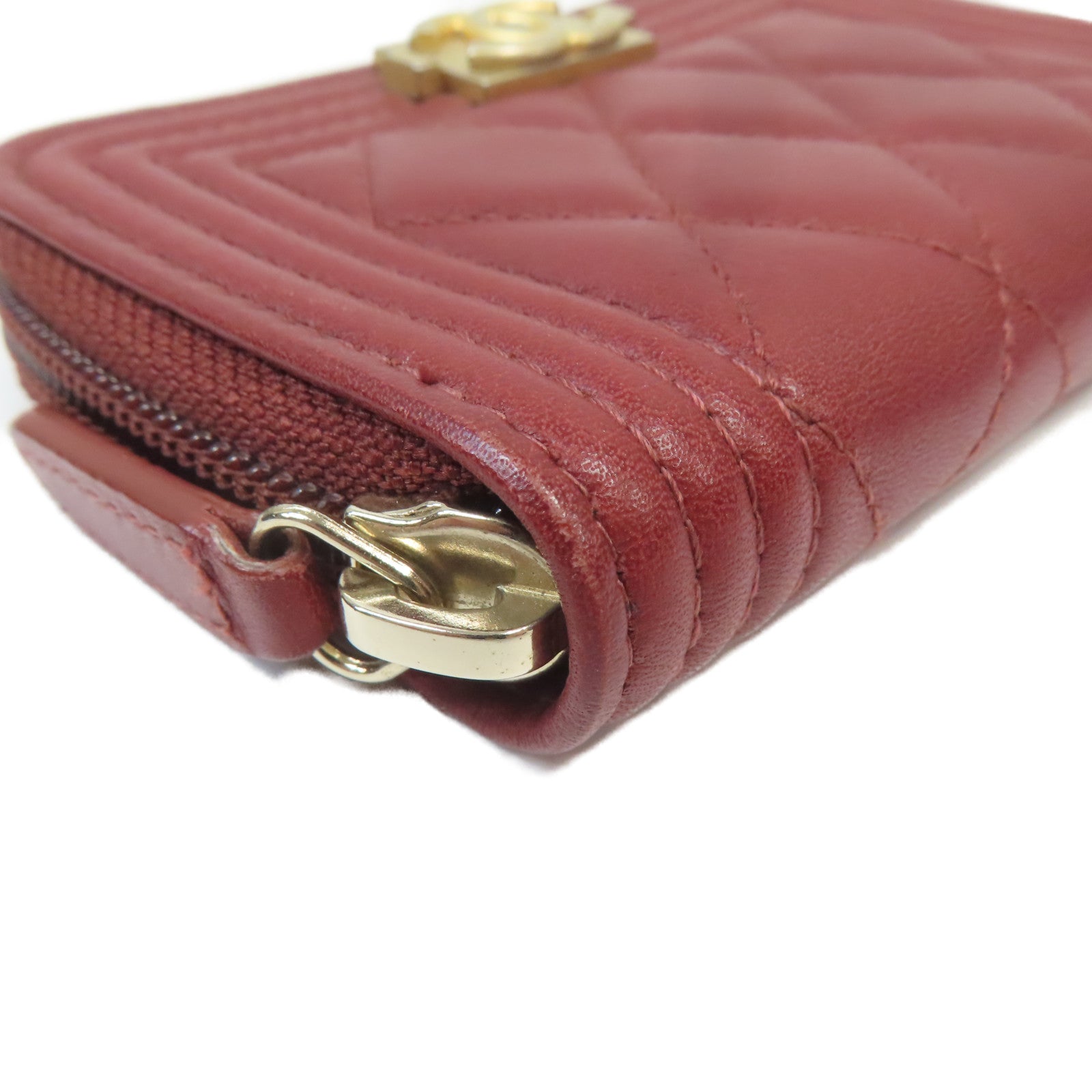 CHANEL 菱格羊皮皮革Boy Chanel Zipped Coin Case銀扣零錢包紅色