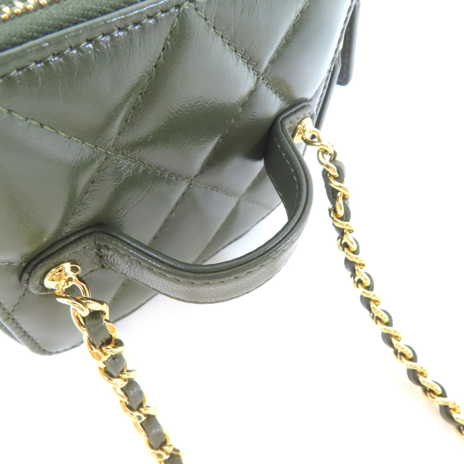CHANEL 菱格羊皮皮革Polly Pocket Top Vanity金扣鏈帶手挽肩背兩用袋綠色