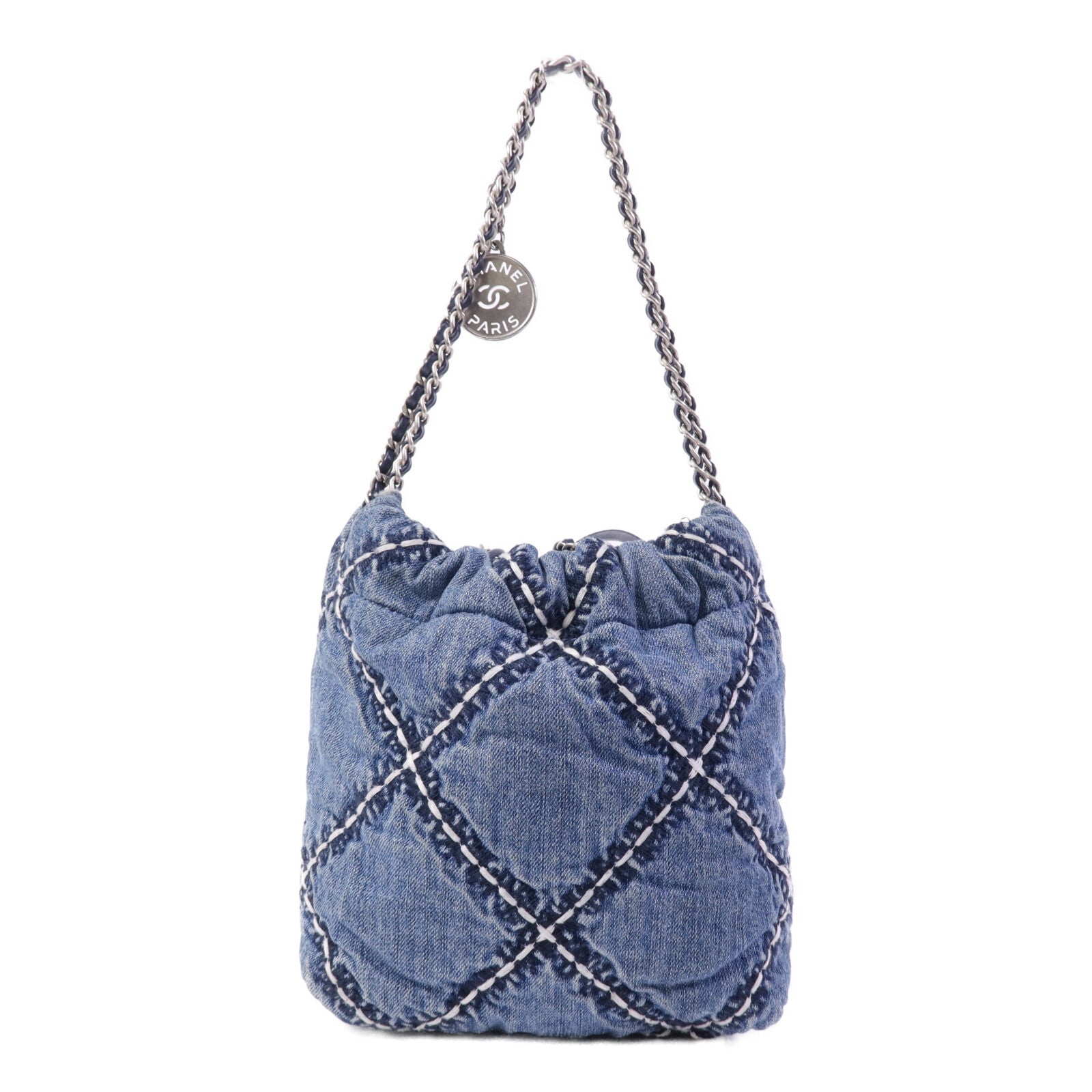 CHANEL 牛仔布Mini 22銀扣鏈帶手挽肩背兩用袋