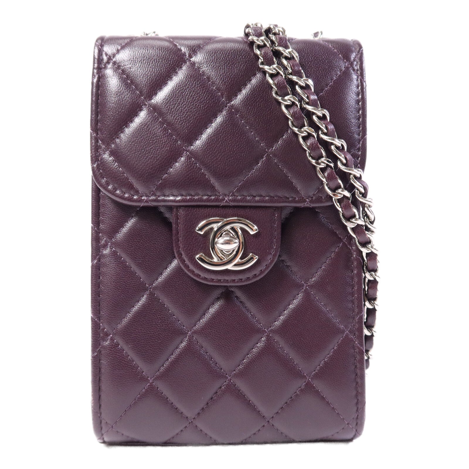 CHANEL 羊皮皮革Phone Bag銀扣鏈帶肩背袋