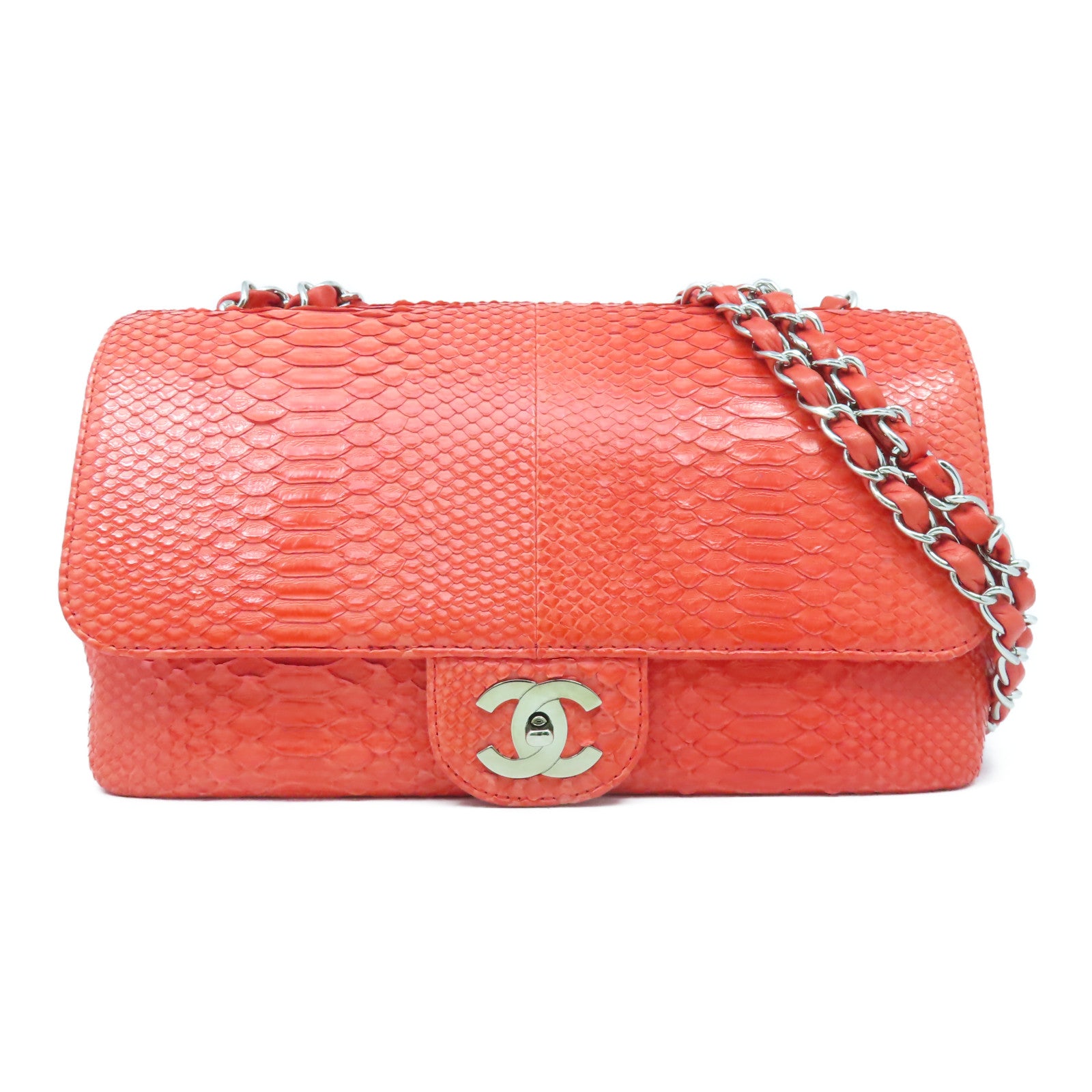 CHANEL 【清倉大減價】蛇皮皮革Chain Shoulder Bag銀扣肩背袋紅色
