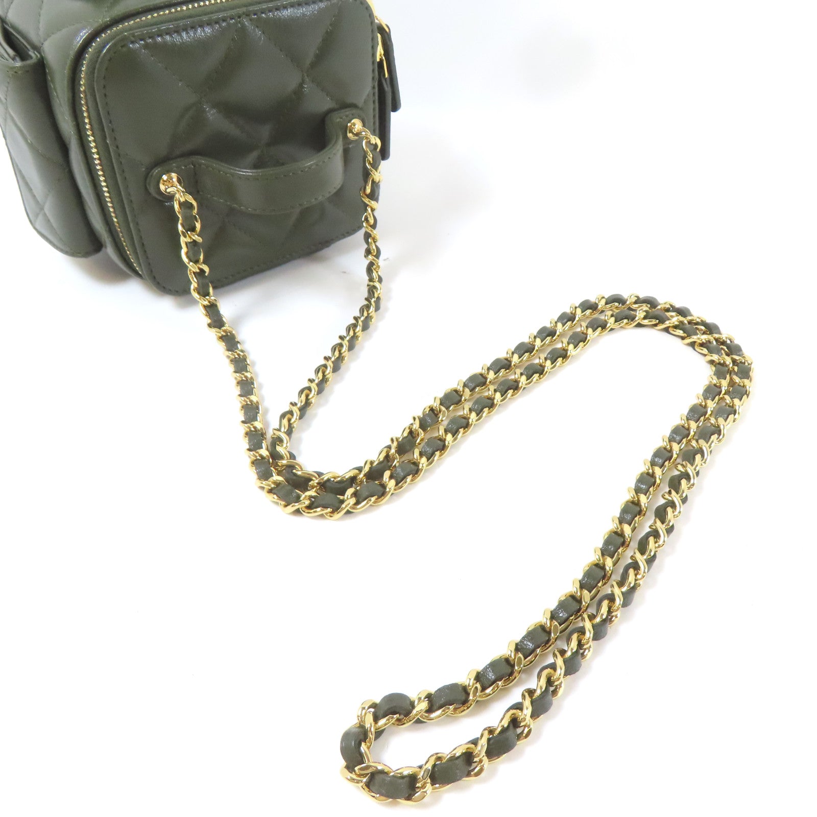CHANEL 菱格羊皮皮革Polly Pocket Top Vanity金扣鏈帶手挽肩背兩用袋綠色