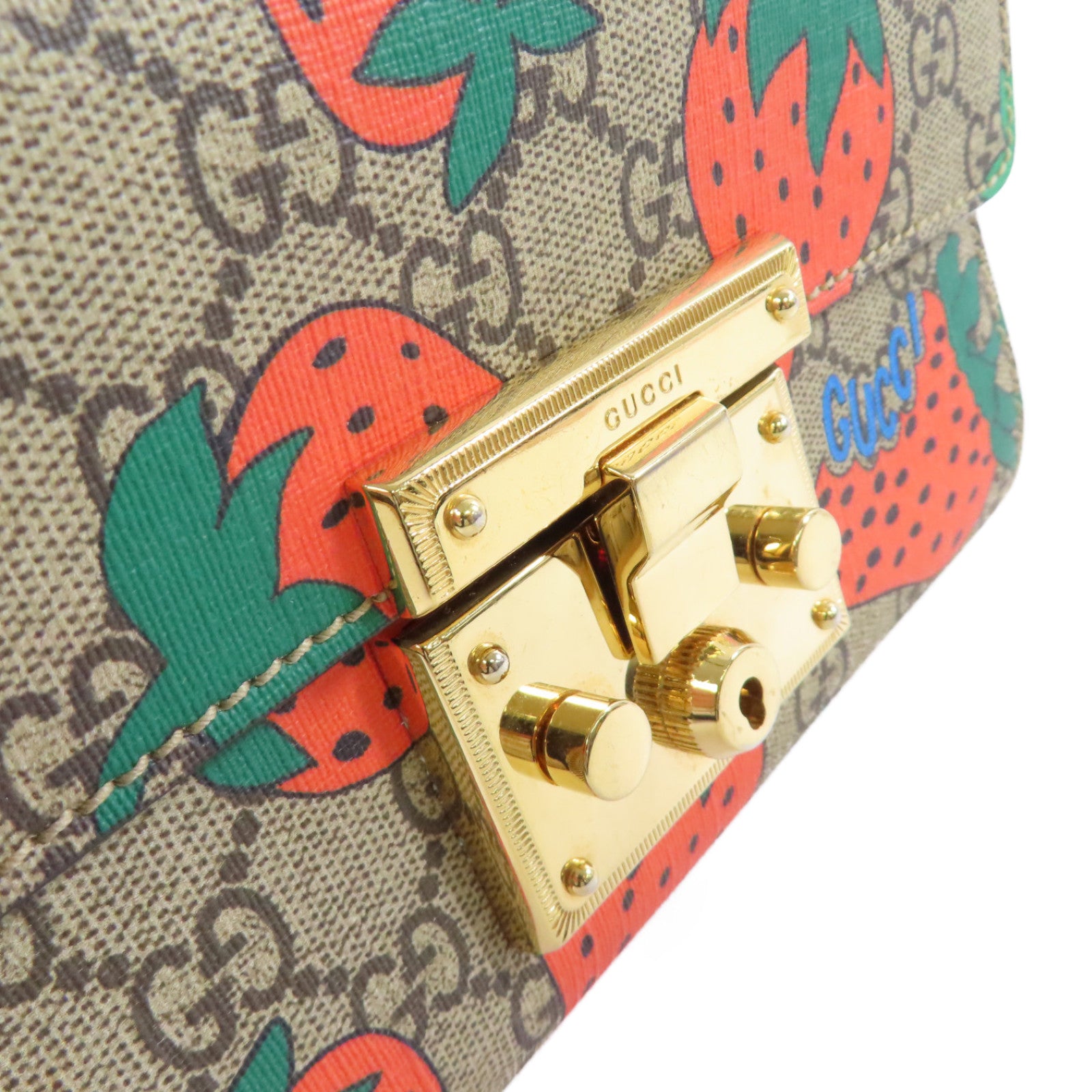 GUCCI 塗層帆布GG Supreme Padlock Small Shoulder Bag金扣鏈帶肩背袋啡色/粉紅色/紅色