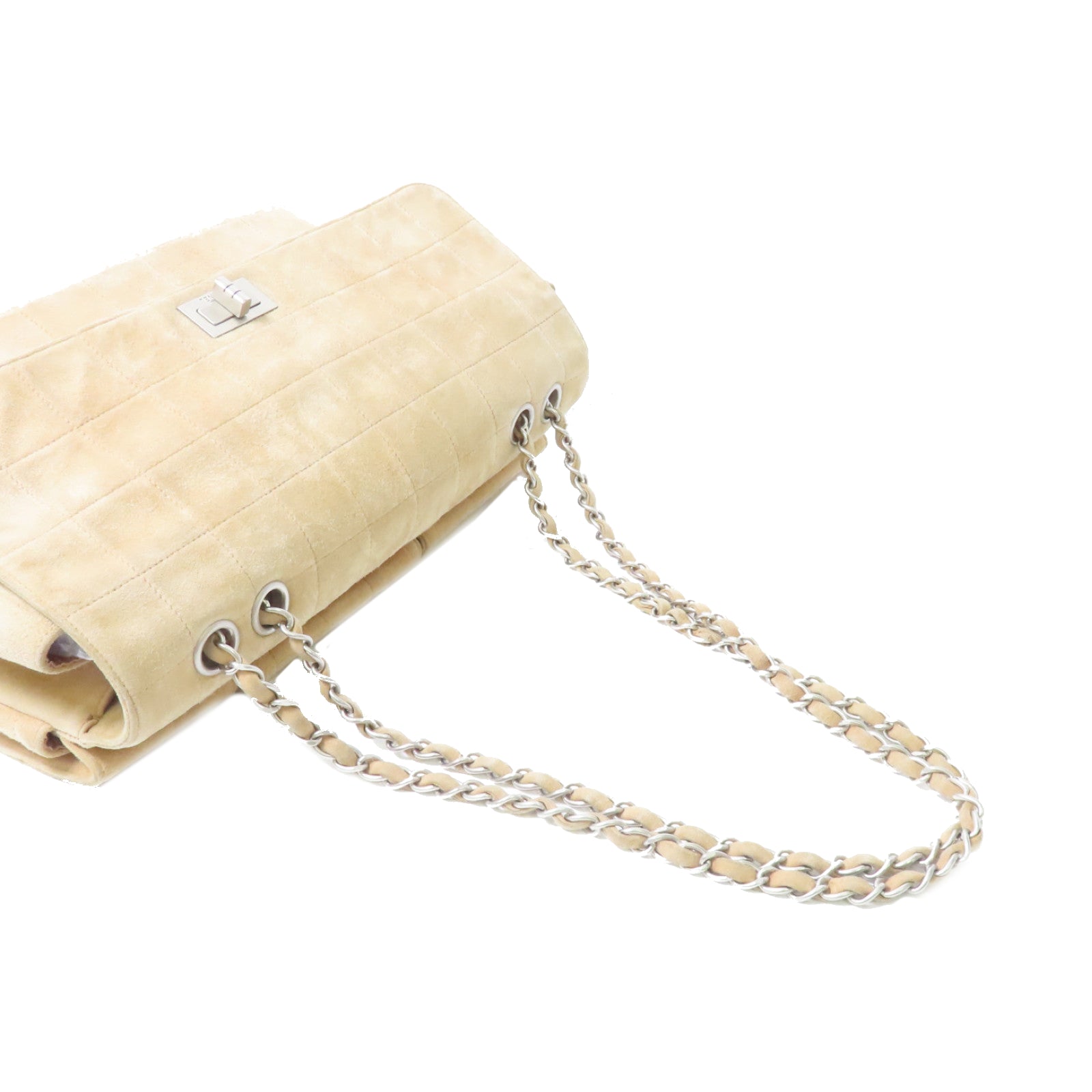 CHANEL 麂皮皮革2.55 Chain Shoulder Bag銀扣鏈帶肩背袋米色