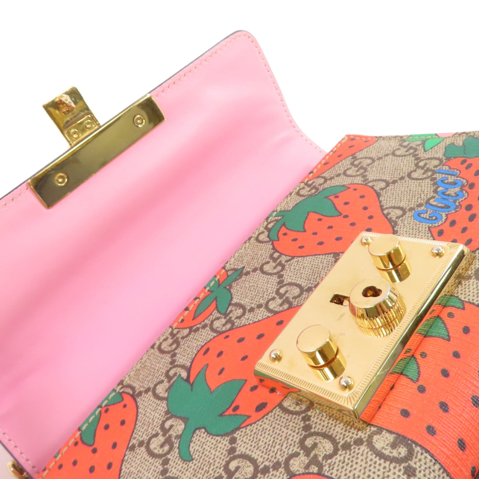 GUCCI GHW GG Supreme Padlock Small Shoulder Bag Coated Canvas 409487 Brown Pink