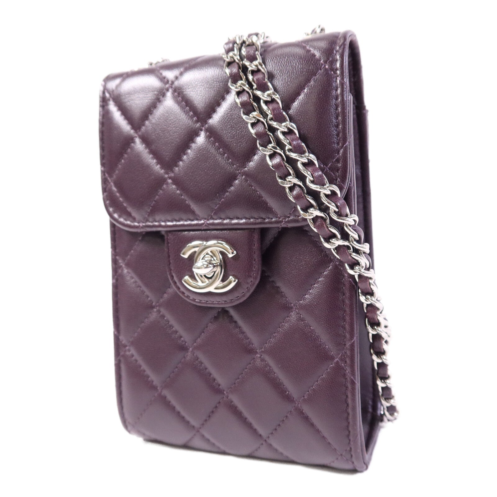 CHANEL 羊皮皮革Phone Bag銀扣鏈帶肩背袋