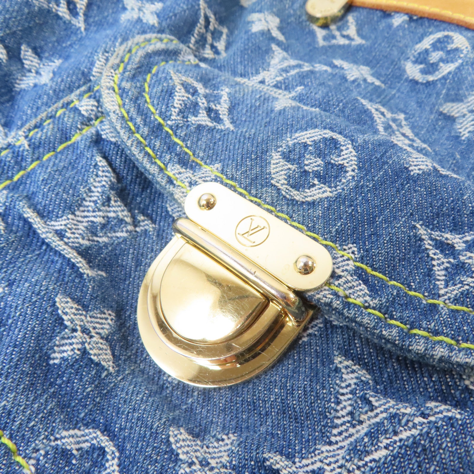 LOUIS VUITTON Monogram Denim Buggy GM金扣肩背袋藍色/啡色