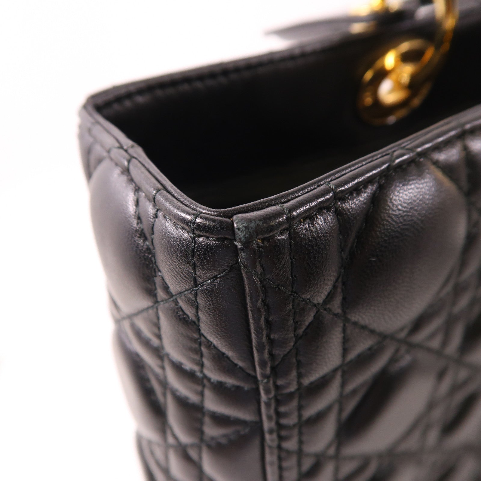 Dior CD GHW Lady Dior GM 2 Way Shoulder Bag Calfskin Leather Black