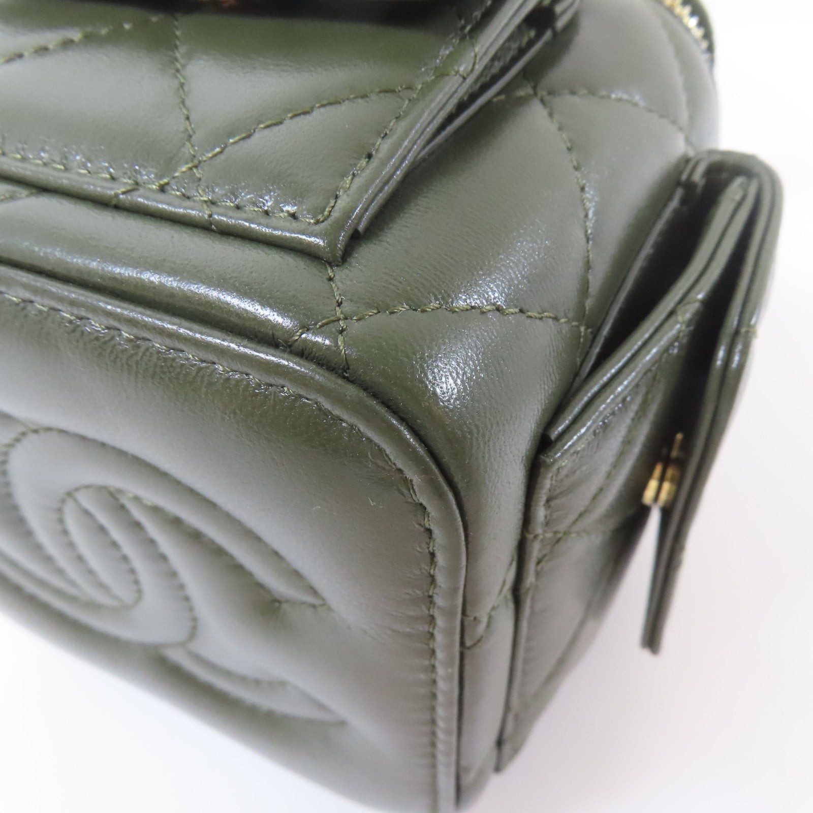 CHANEL 菱格羊皮皮革Polly Pocket Top Vanity金扣鏈帶手挽肩背兩用袋綠色