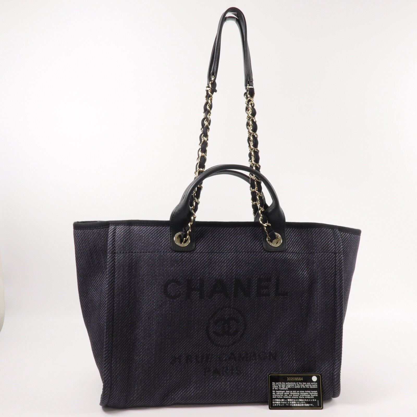 CHANEL 帆布/牛皮皮革Deauville Tote Bag鏈帶肩背袋