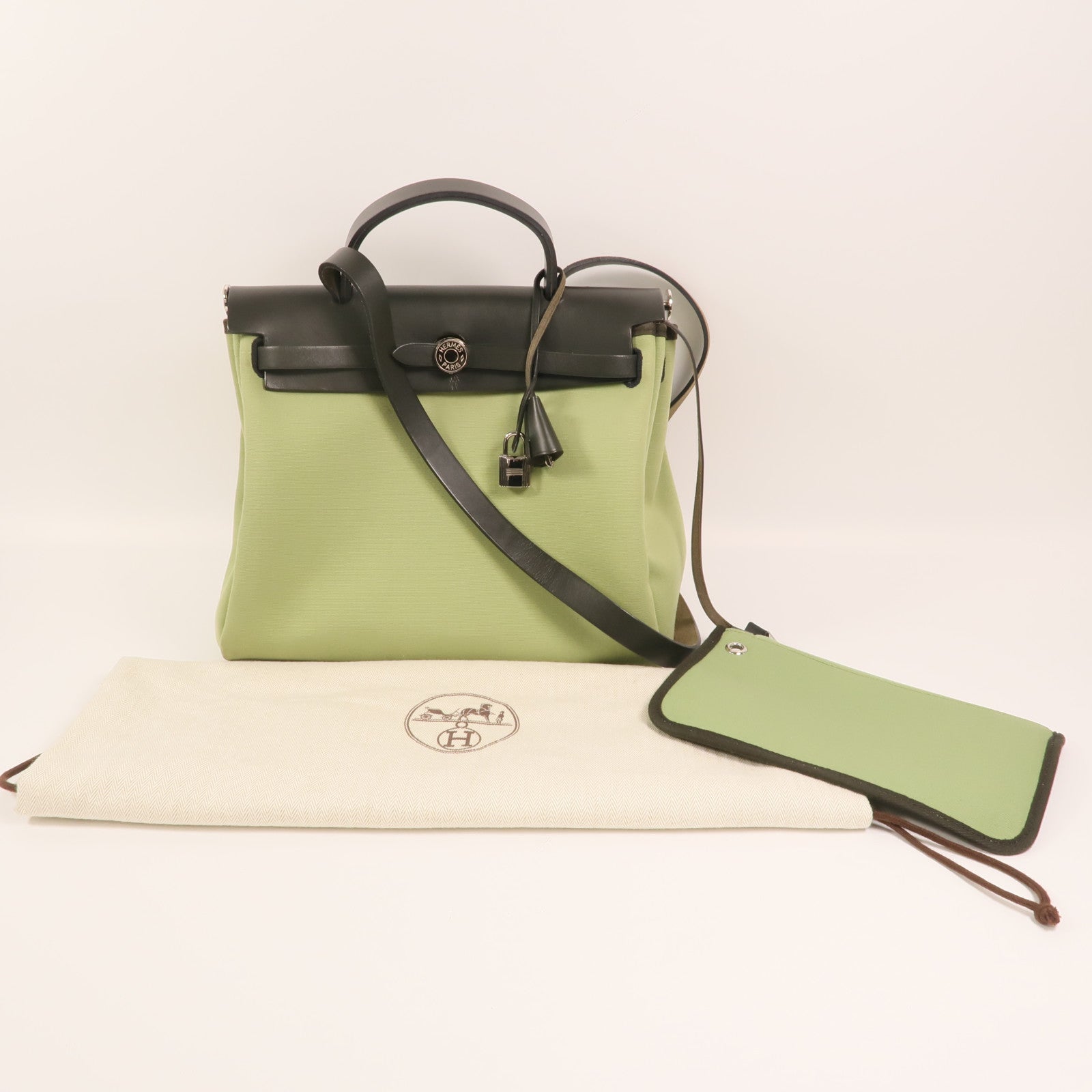 HERMES 【激減優惠】帆布Herbag PM銀扣手挽肩背兩用袋Vert Criquet