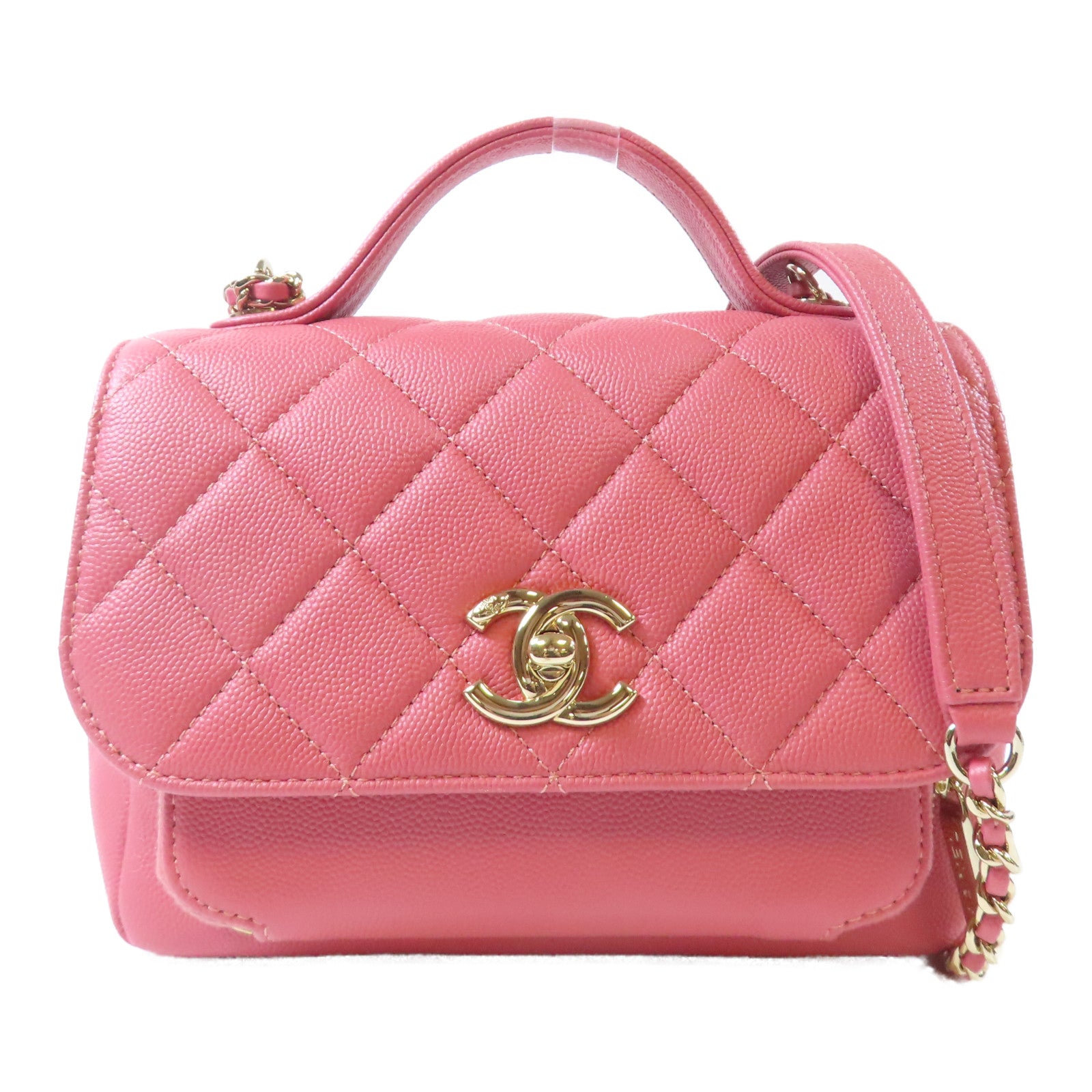 CHANEL 【激減優惠】菱格Caviar皮革Chain Shoulder金扣鏈帶手挽肩背兩用袋粉紅色