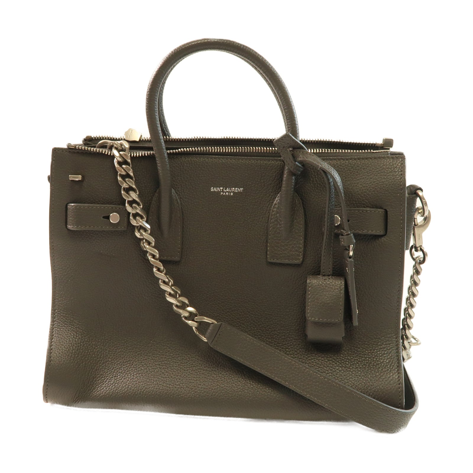 SAINT LAURENT 牛皮皮革2 Way Shoulder銀扣手挽肩背兩用袋灰色