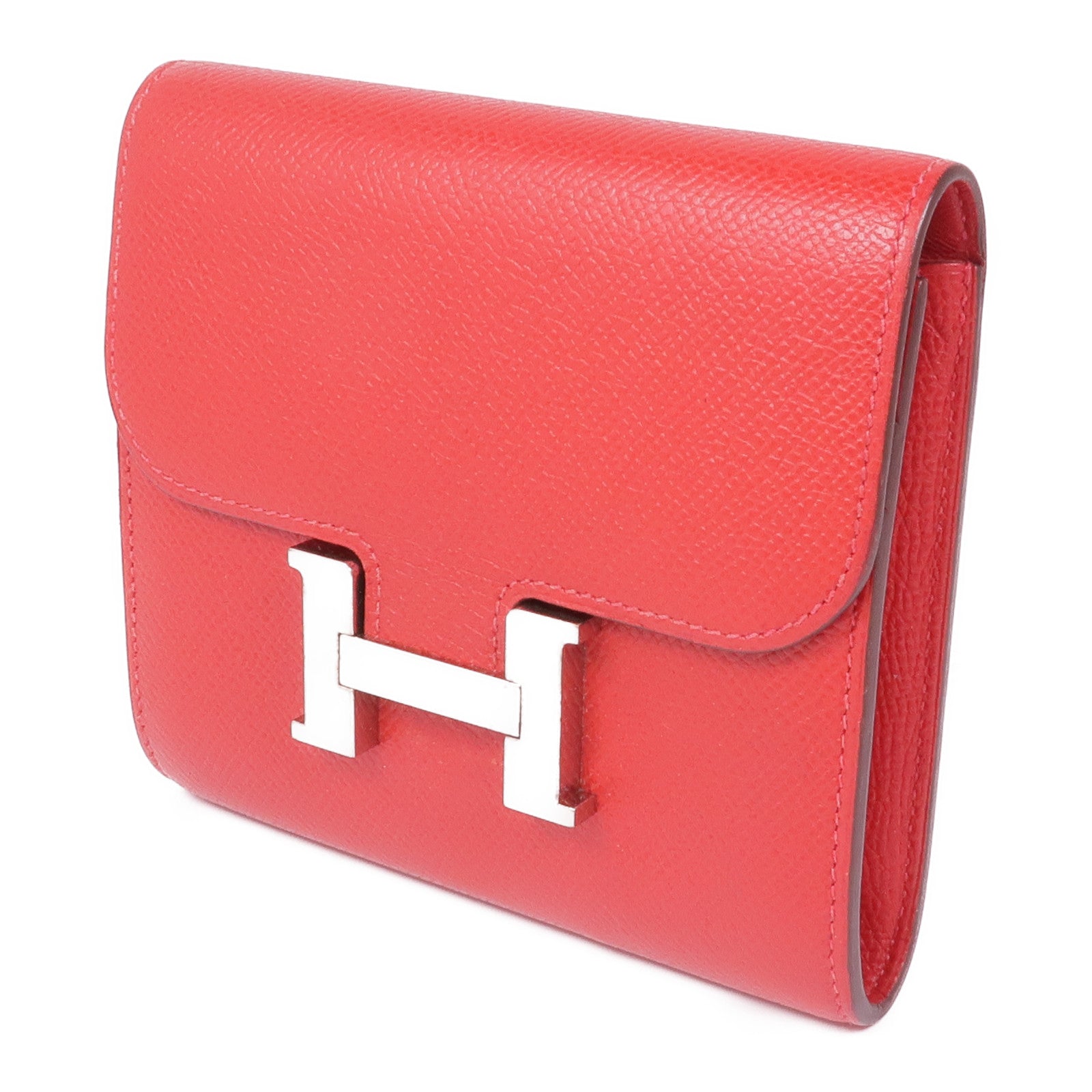 HERMES Epsom皮革Constance Wallet銀扣錢包Rouge Tomate
